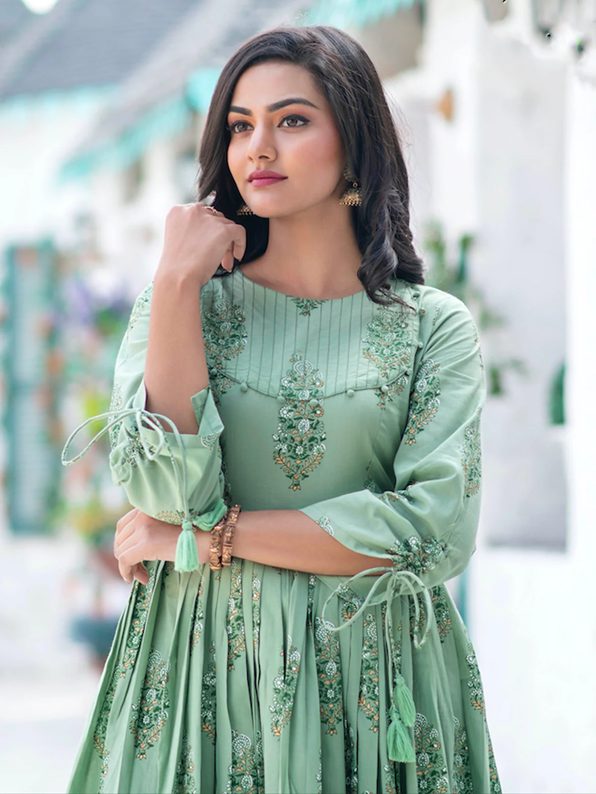 Odette Sea Green Muslin Printed Stitched Gown for Women - Image 6