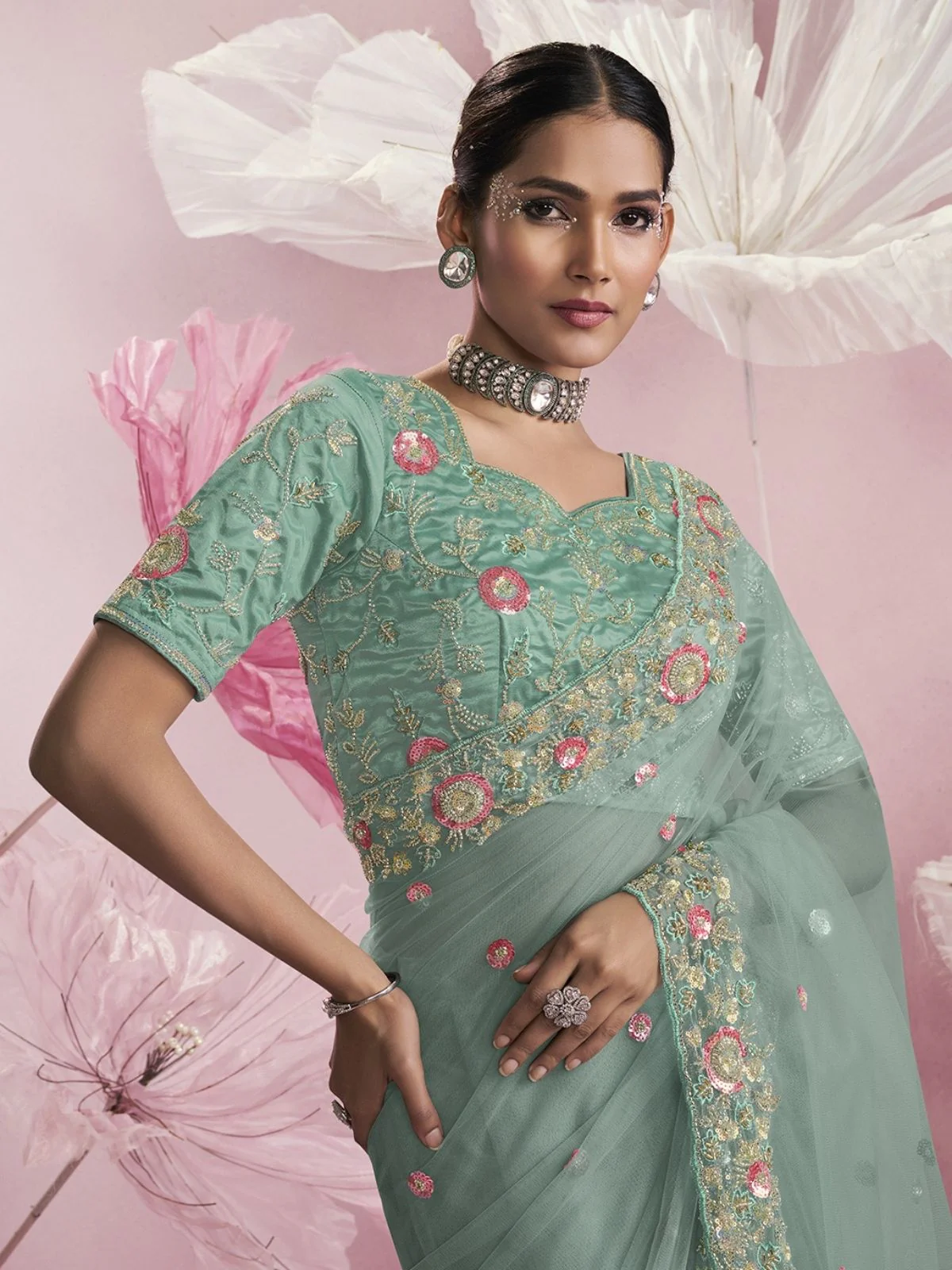 Odette Sea Green Net Embellished Elegant Saree For Women - Image 2