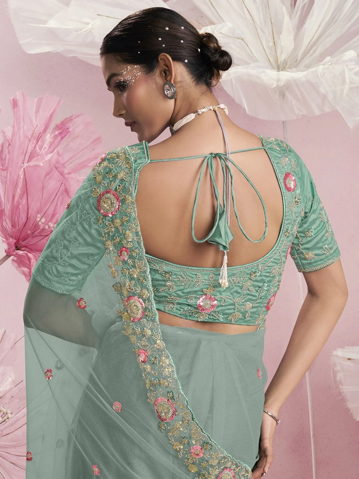 Odette Sea Green Net Embellished Elegant Saree For Women - Image 3
