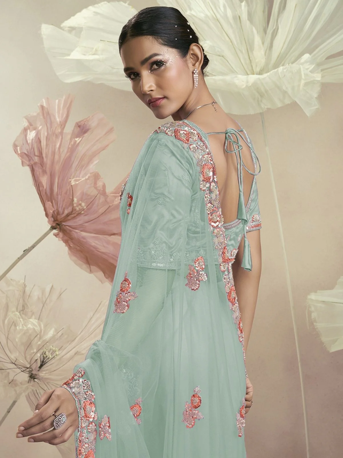 Odette Sea Green Net Embellished Elegant Saree For Women - Image 2