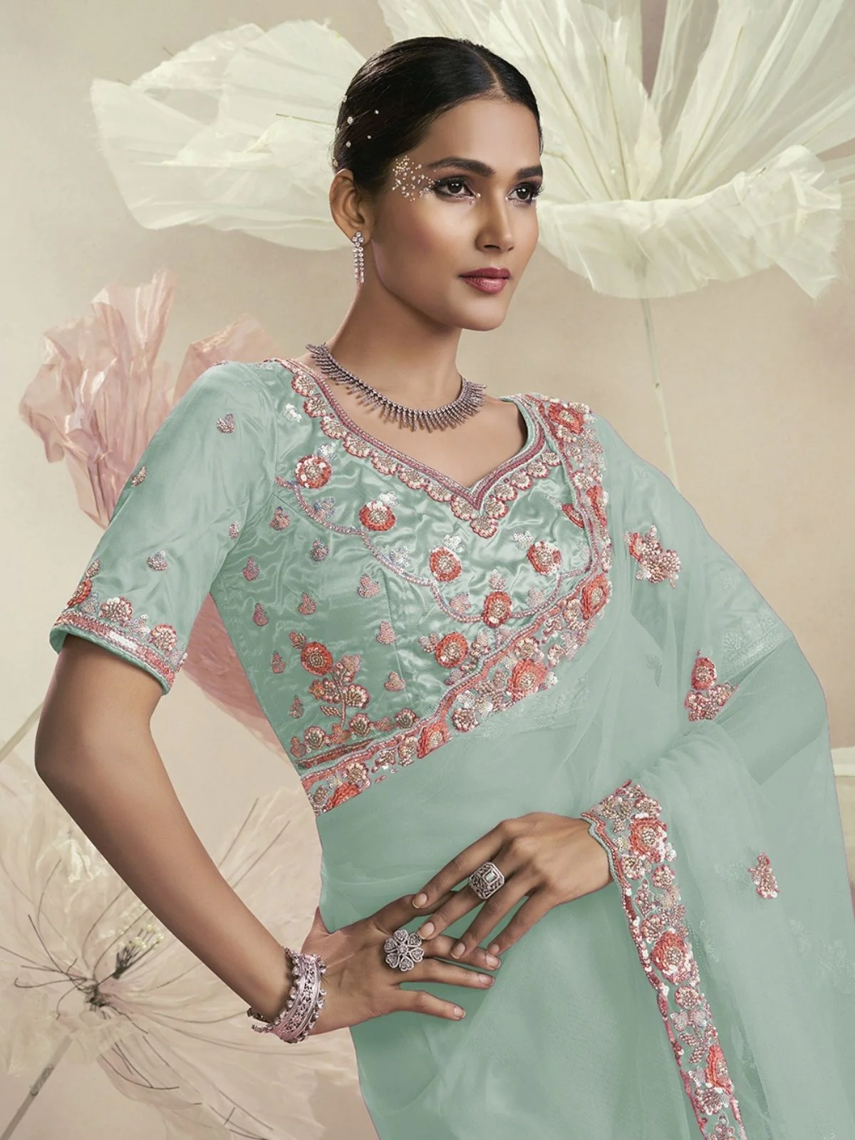 Odette Sea Green Net Embellished Elegant Saree For Women - Image 3