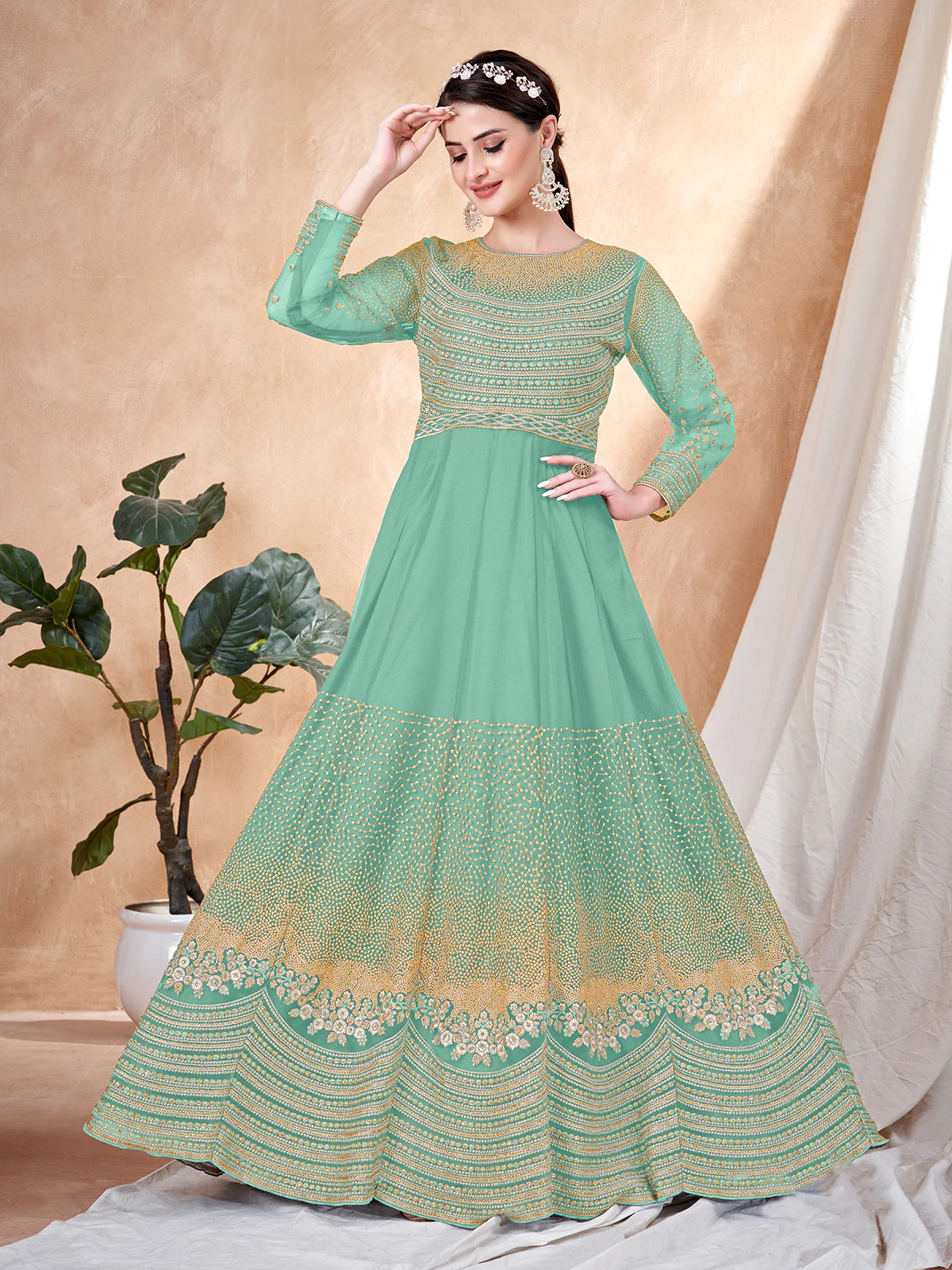 Odette Sea Green Net Embellished Semi stitched Kurta Set with Inner For Women - Image 2