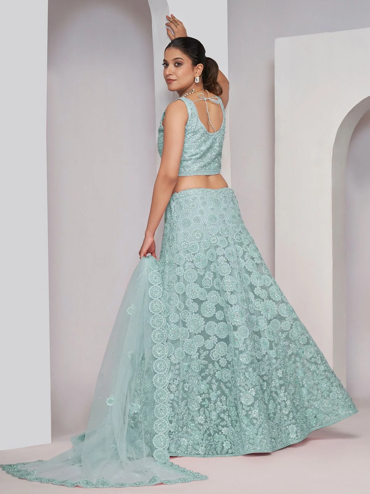 Odette Sea Green Net Embellished Semi Stitched Lehenga With Unstitched Blouse For Women - Image 3