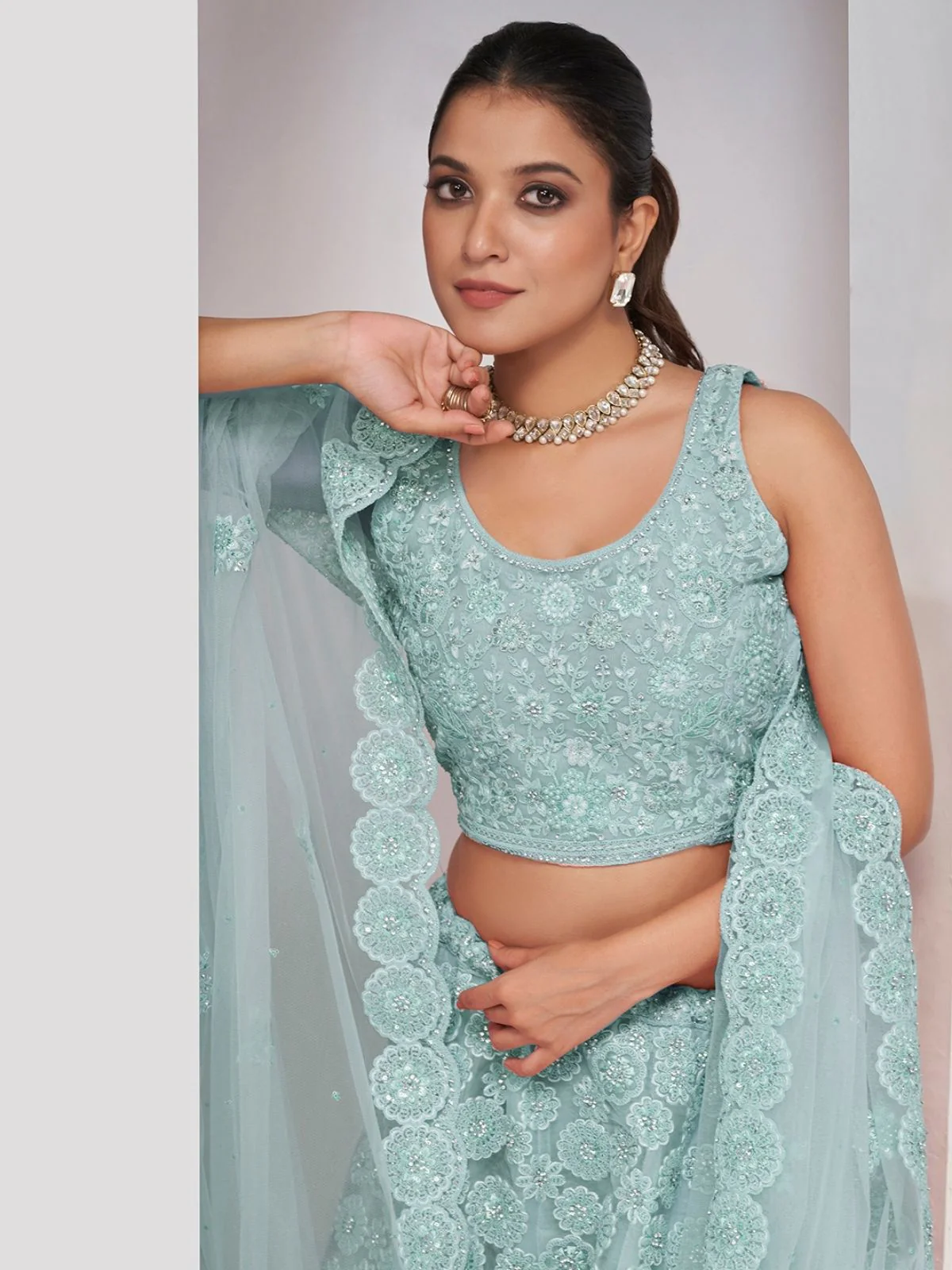 Odette Sea Green Net Embellished Semi Stitched Lehenga With Unstitched Blouse For Women - Image 5