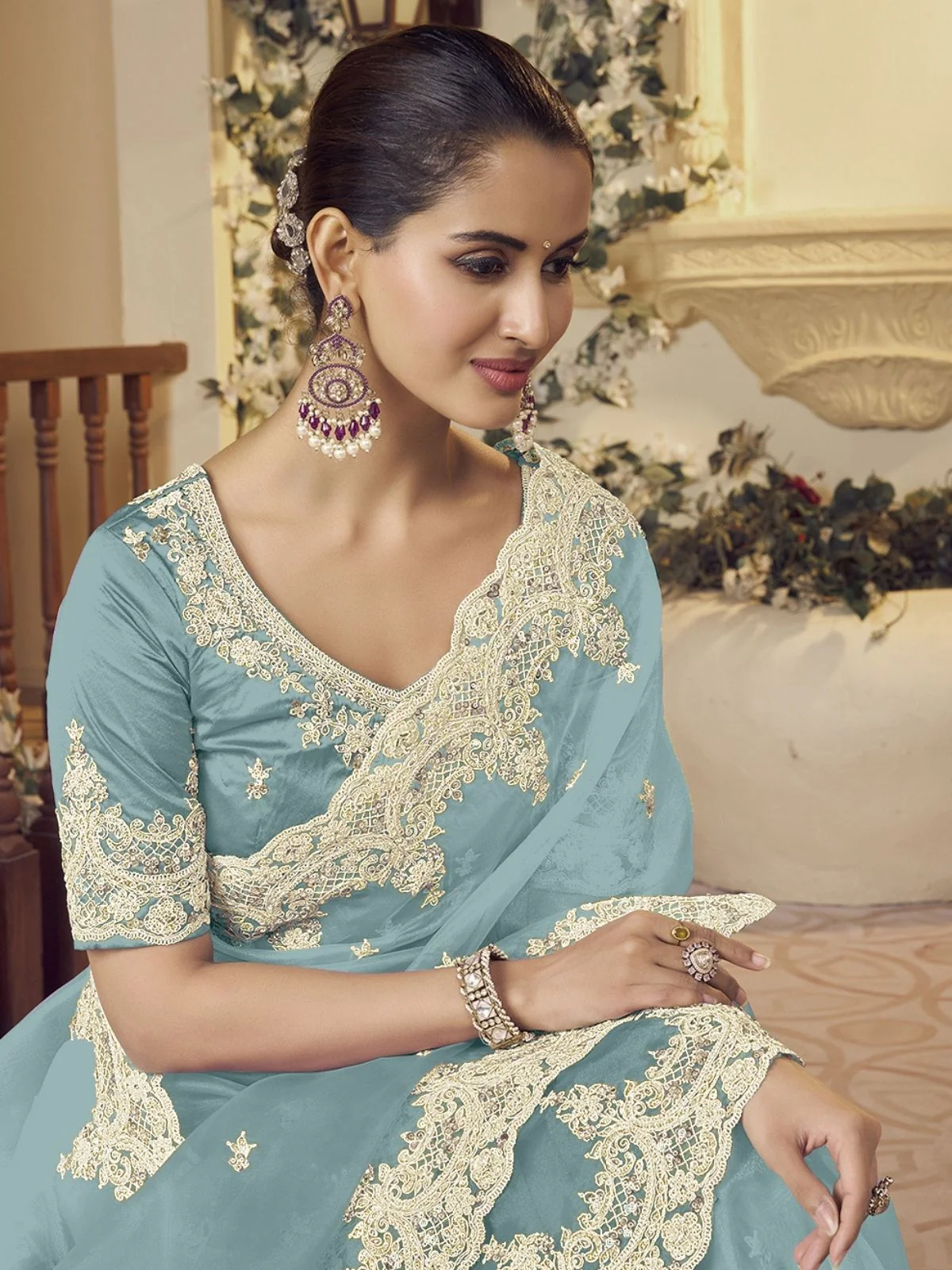 Odette Sea Green Organza Embellished Elegant Saree For Women - Image 2
