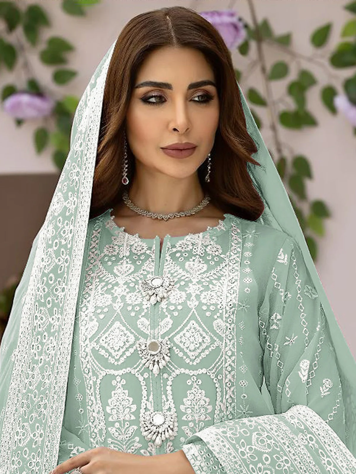 Odette Sea Green Organza Embroidered Semi Stitched Salwar Suit For Women - Image 2