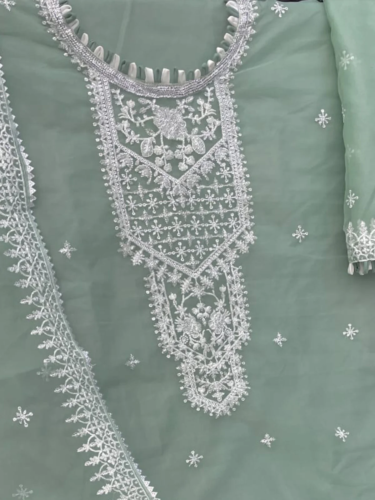 Odette Sea Green Organza Embroidered Semi Stitched Salwar Suit For Women - Image 3