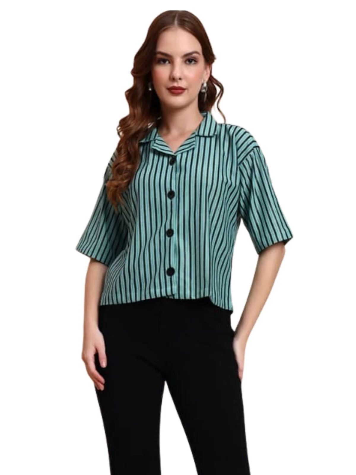 Odette Sea Green Poly Cotton Printed Shirt For Women - Image 2