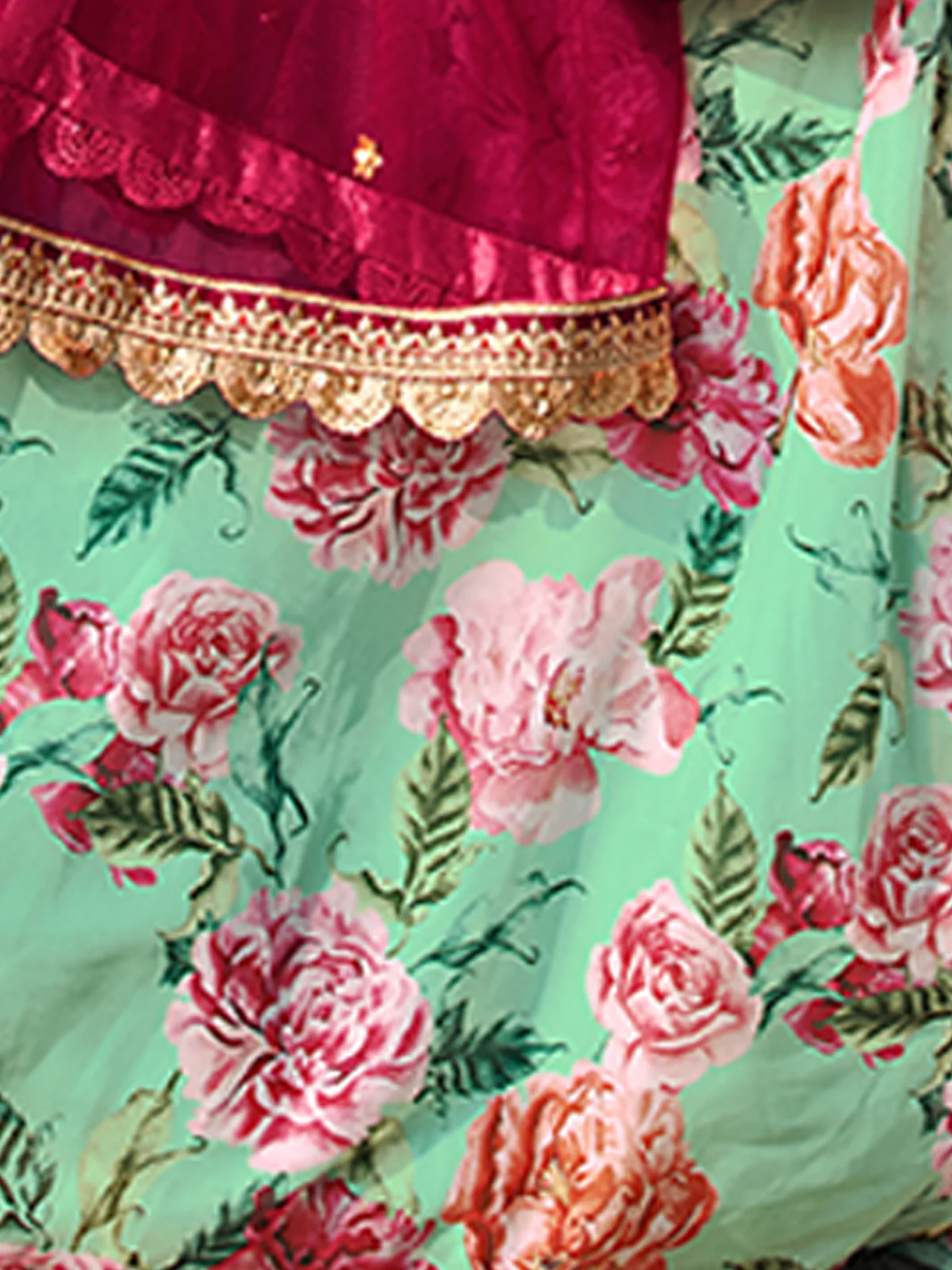 Odette Sea Green Printed Organza Semi Stitched Lehenga With Blouse For Women - Image 5