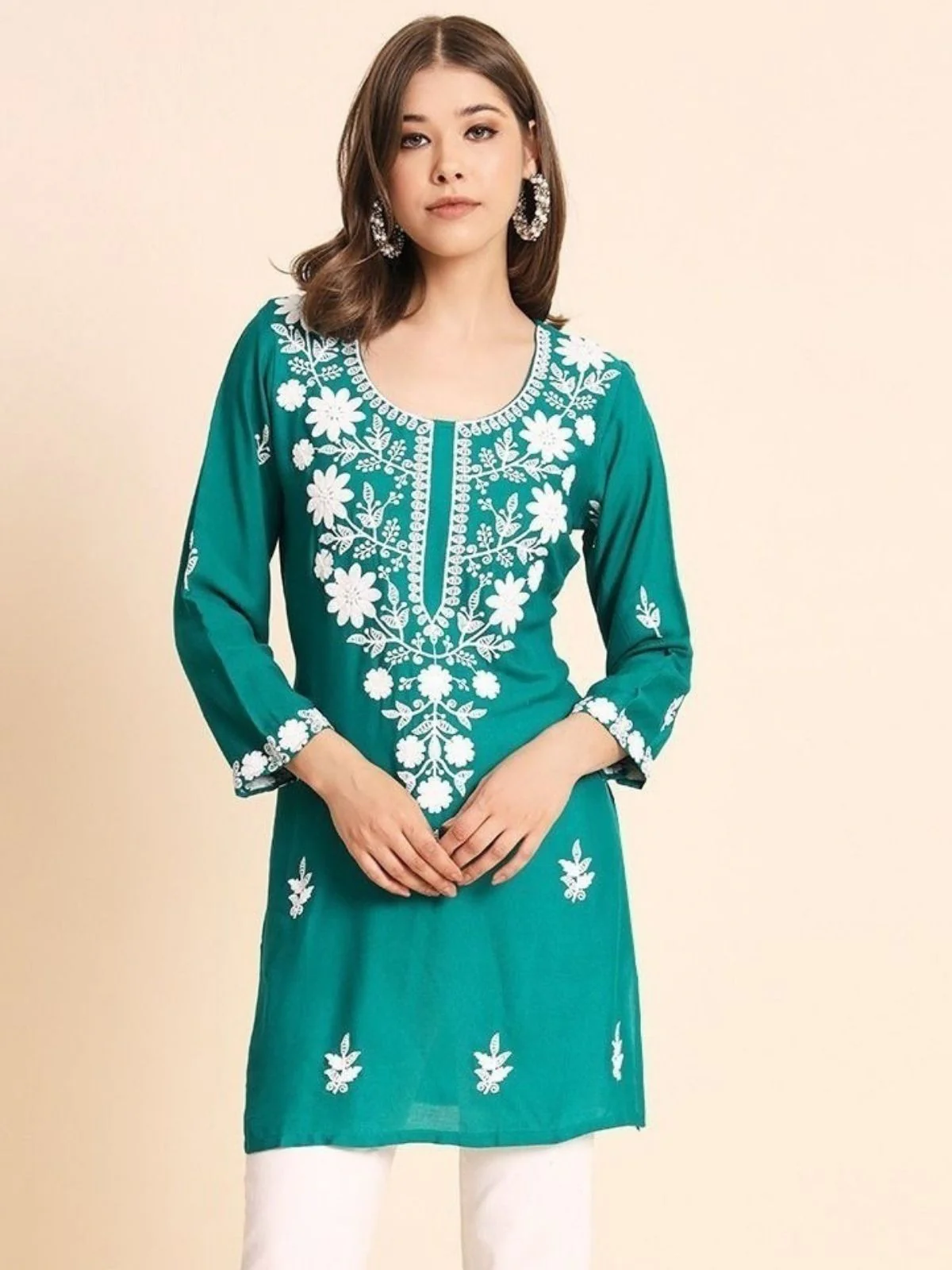 Odette Sea Green Rayon Embroidered Kurti For Women - Image 2
