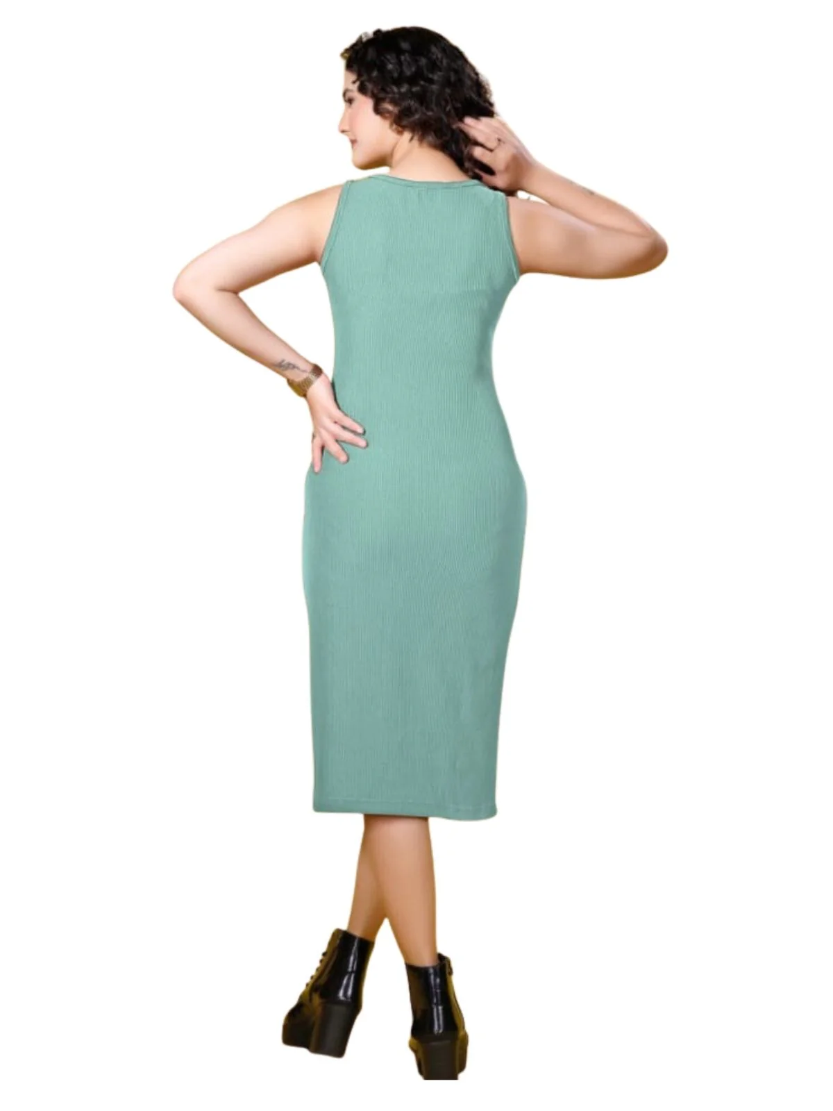 Odette Sea Green Ribbed Knit Solid Dresses For Women - Image 3