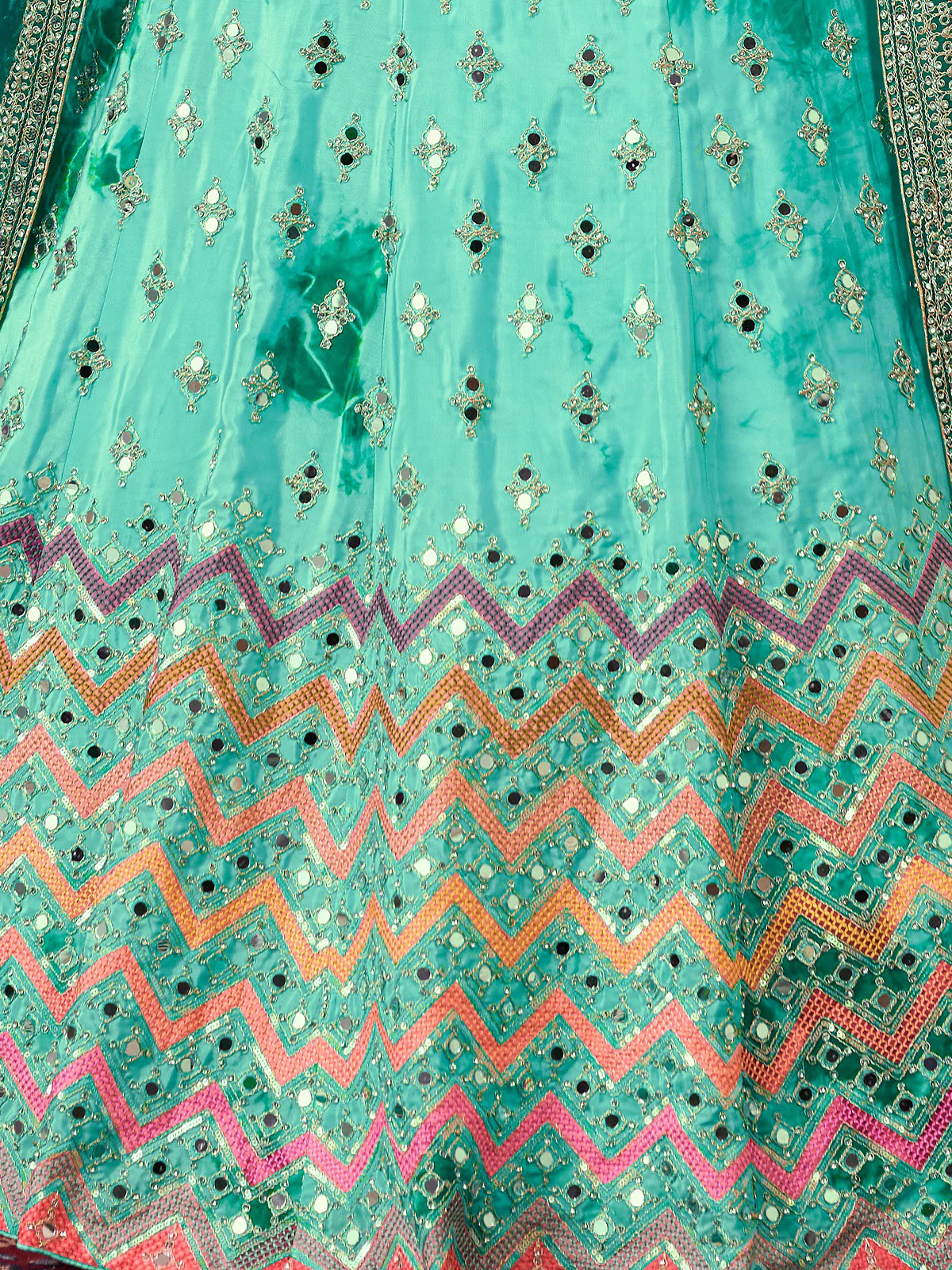 Odette Sea Green Shibori Crepe Embroidered Semi Stitched Lehenga With Unstitched Blouse for Women - Image 5