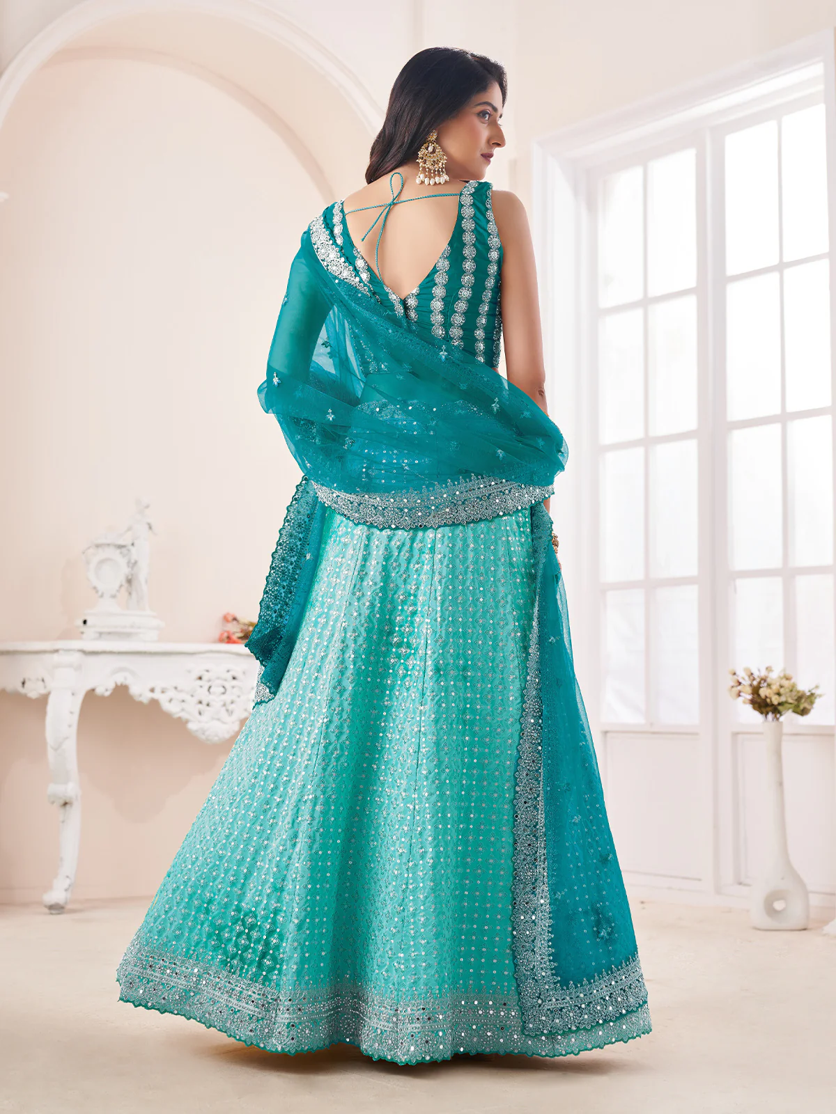 Odette Blue Shibori Crepe Embroidered Semi Stitched Lehenga With Unstitched Blouse for Women - Image 3