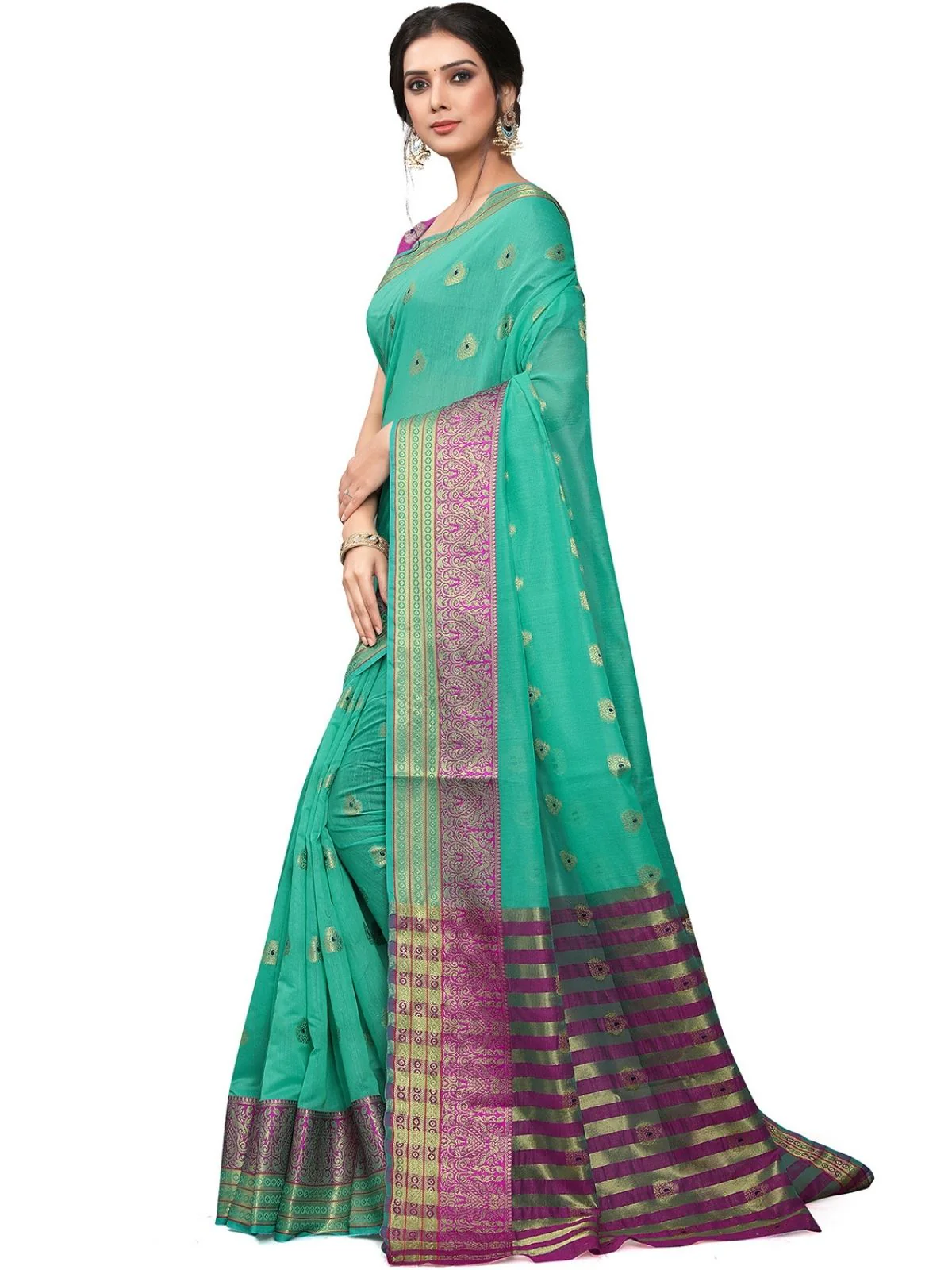 Odette Sea Green Silk Blend Embellished Saree For Women - Image 3