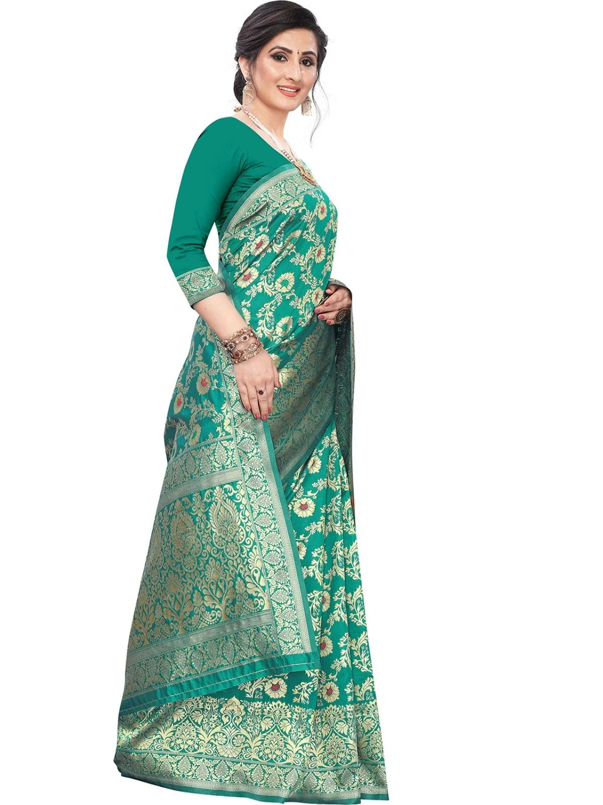 Odette Sea Green Silk Blend Embellished Saree For Women - Image 2