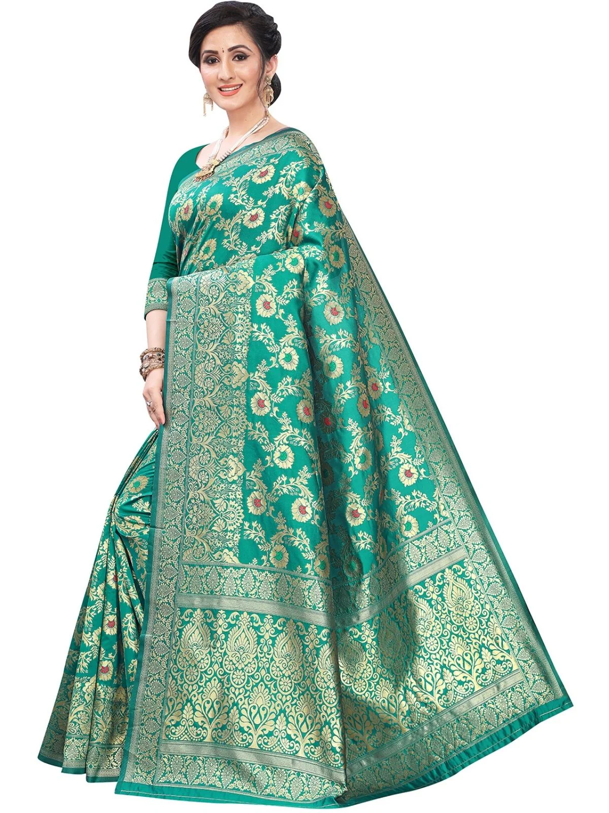 Odette Sea Green Silk Blend Embellished Saree For Women - Image 3