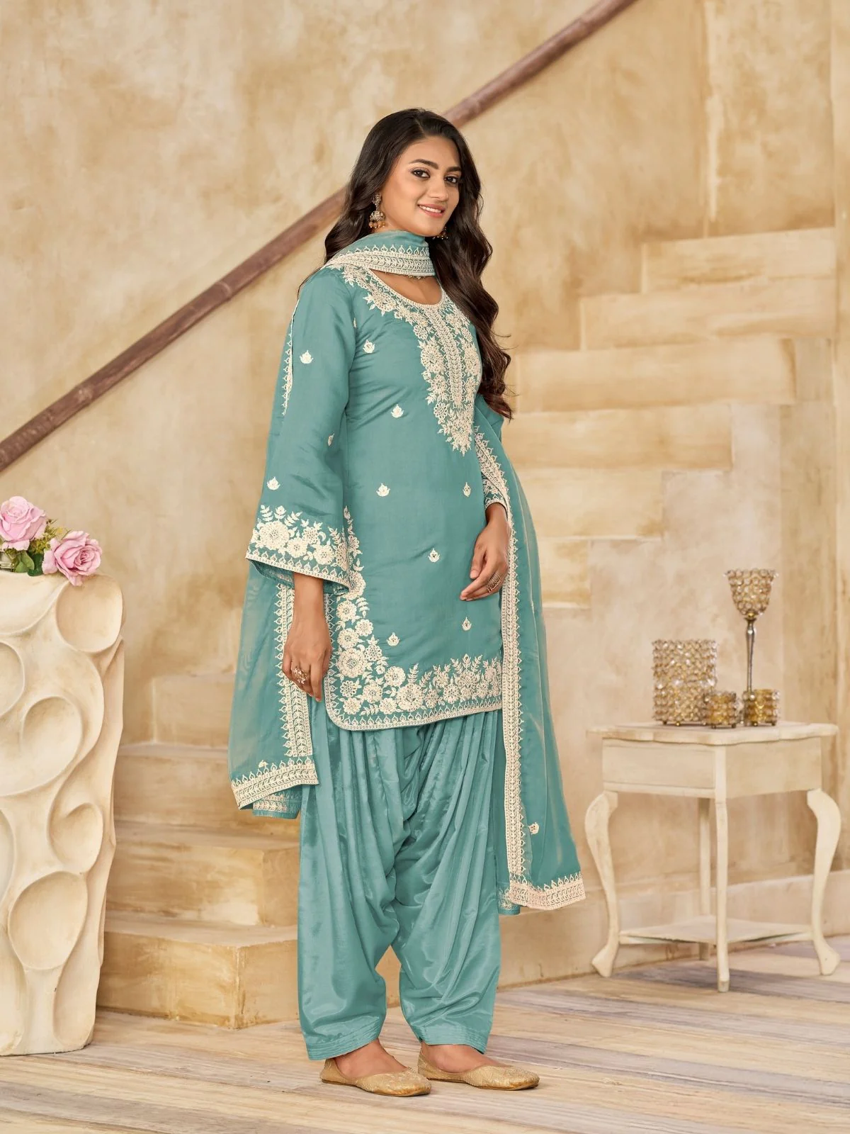 Odette Sea Green Silk Blend Embroidered Semi-Stiched Kurta Set For Women - Image 2