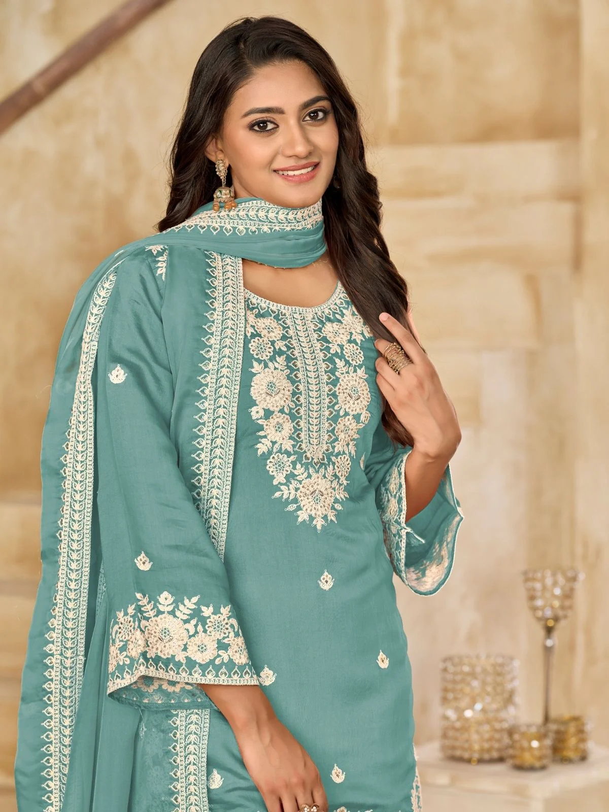 Odette Sea Green Silk Blend Embroidered Semi-Stiched Kurta Set For Women - Image 3