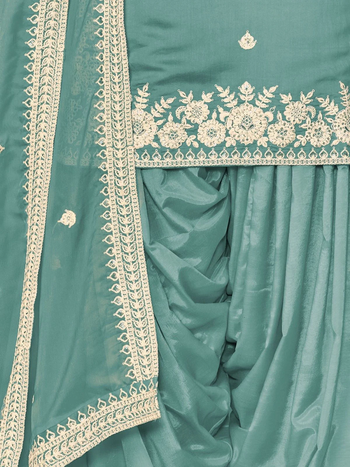 Odette Sea Green Silk Blend Embroidered Semi-Stiched Kurta Set For Women - Image 4