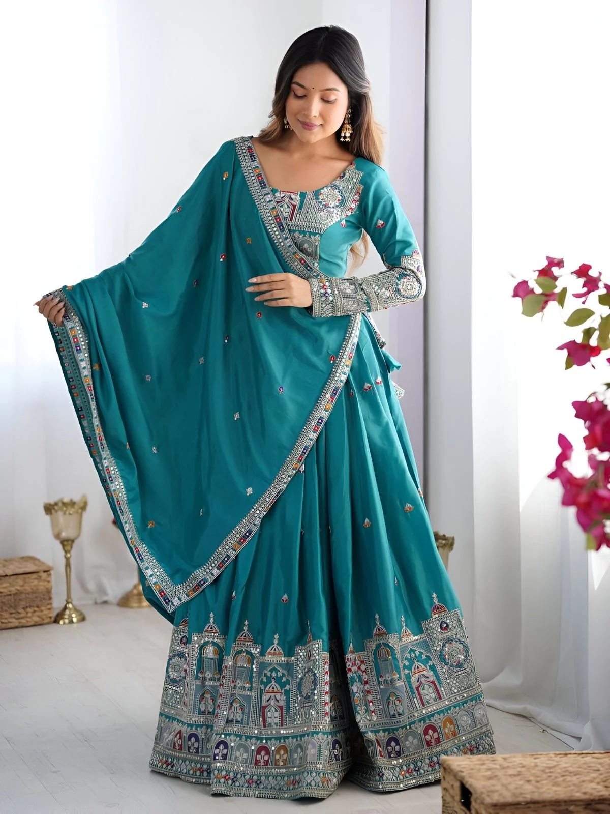 Odette Sea Green Silk Blend Embroidered Semi-Stitched lehenga For Women - Image 5