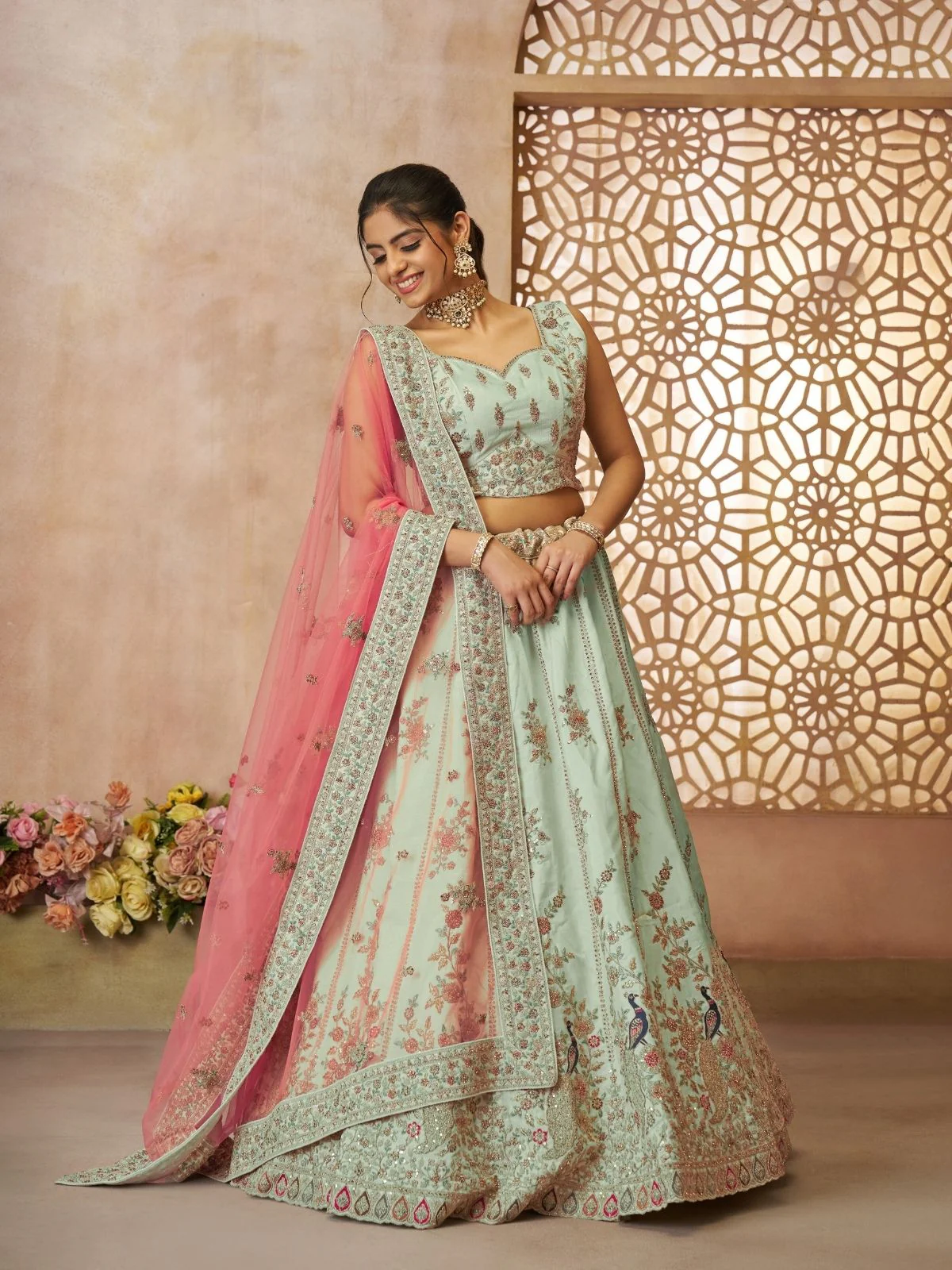 Odette Sea Green Silk Blend Embroidered Semi-Stitched Lehenga For Women - Image 2
