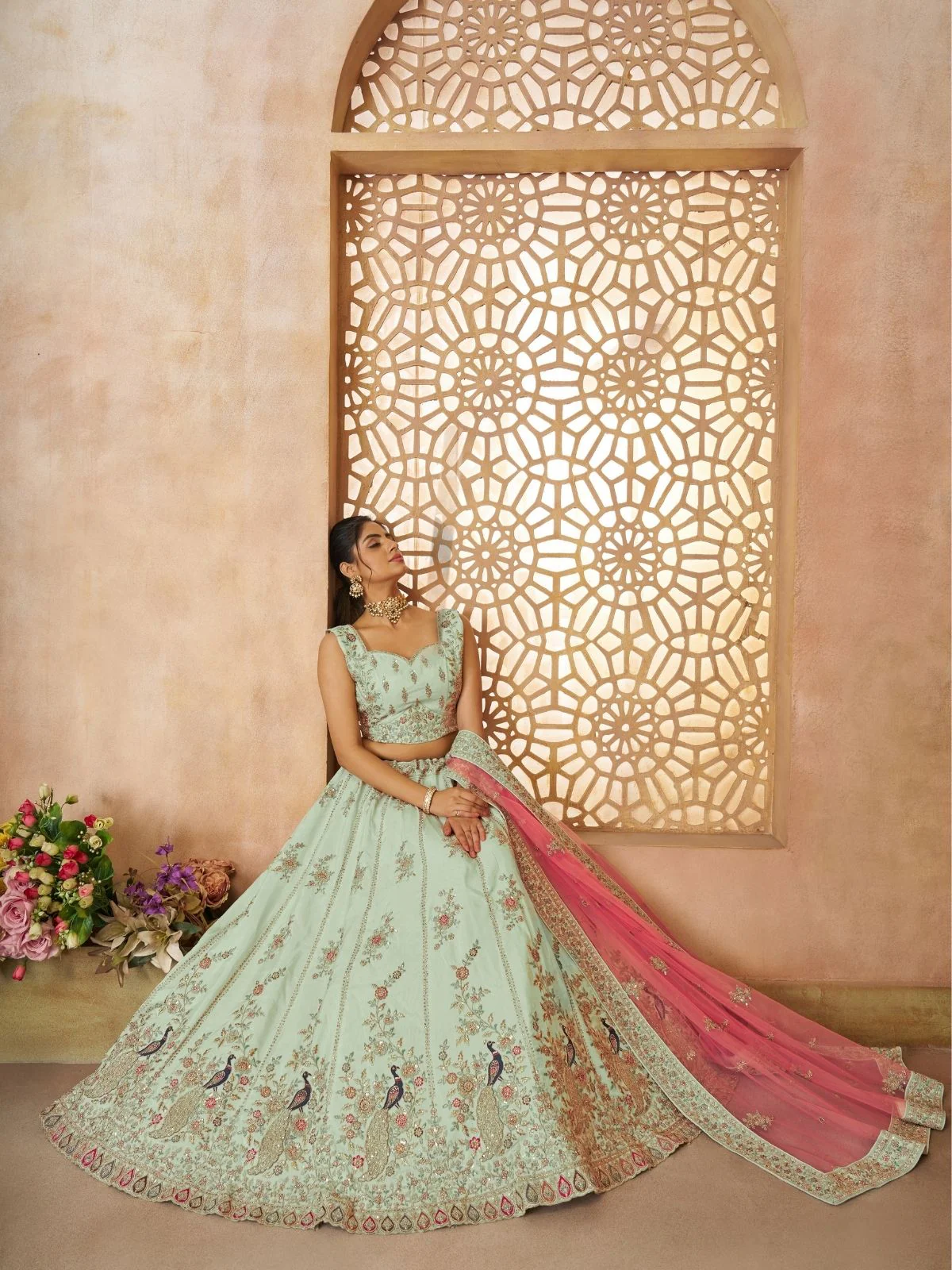 Odette Sea Green Silk Blend Embroidered Semi-Stitched Lehenga For Women - Image 3