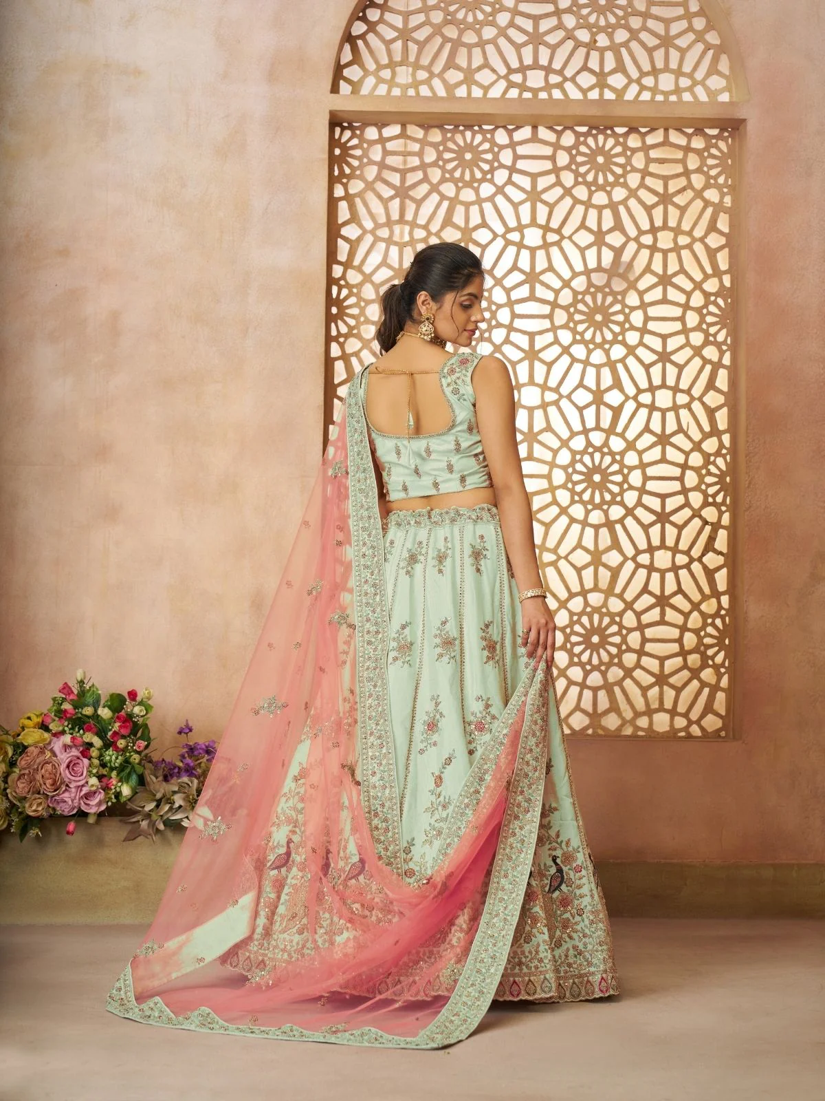 Odette Sea Green Silk Blend Embroidered Semi-Stitched Lehenga For Women - Image 4