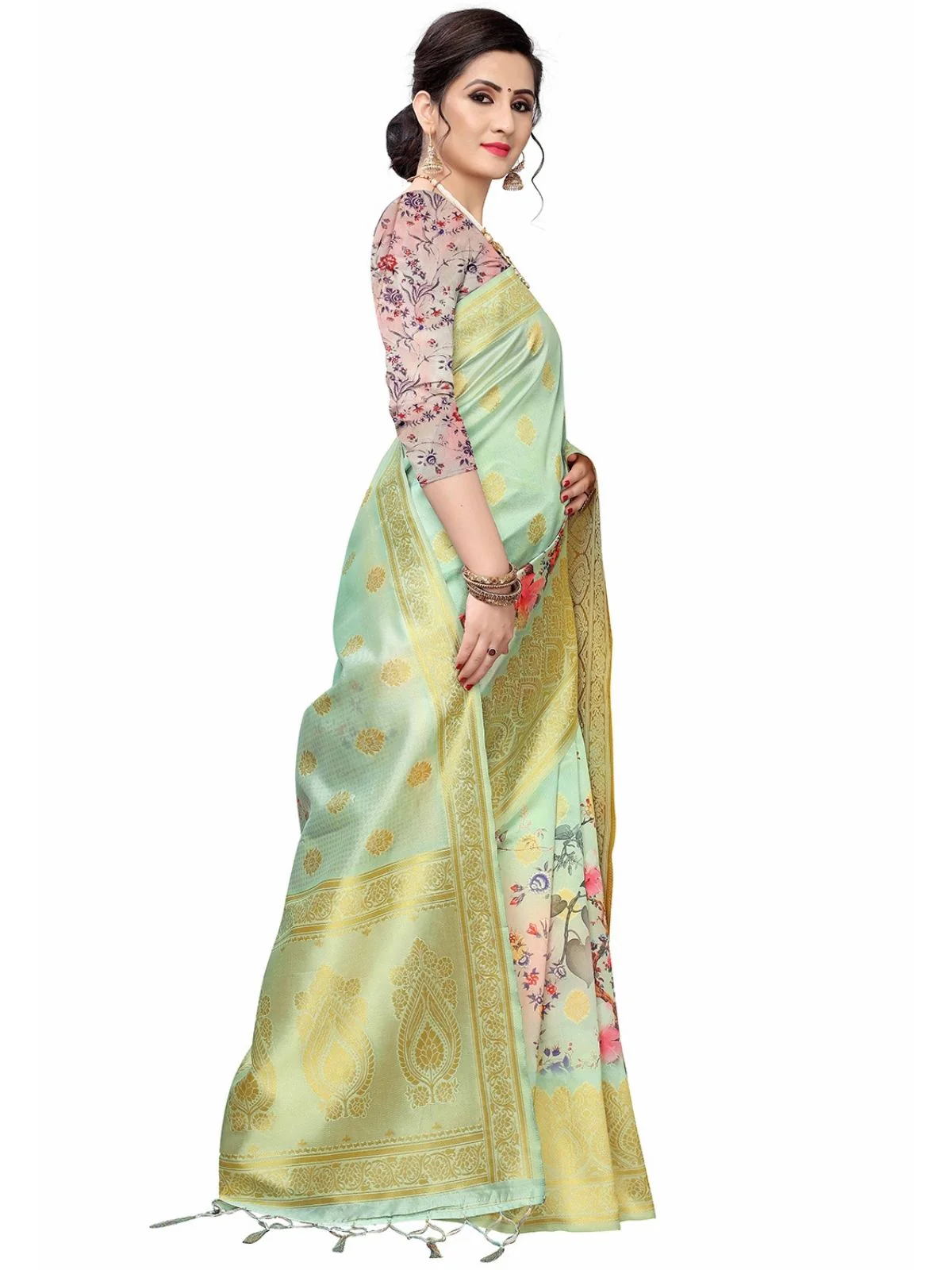 Odette Sea Green Silk Blend Floral Printed Saree For Women - Image 2