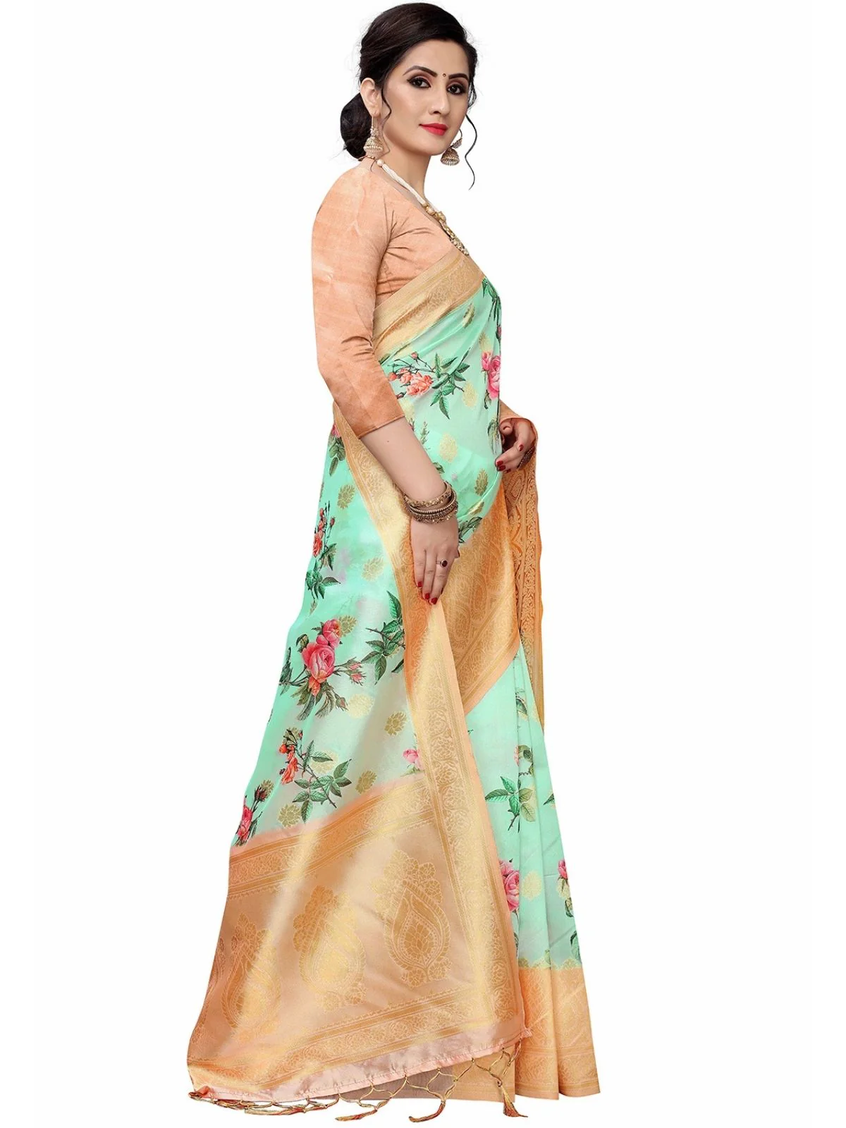 Odette Sea Green Silk Blend Floral Printed Saree For Women - Image 2