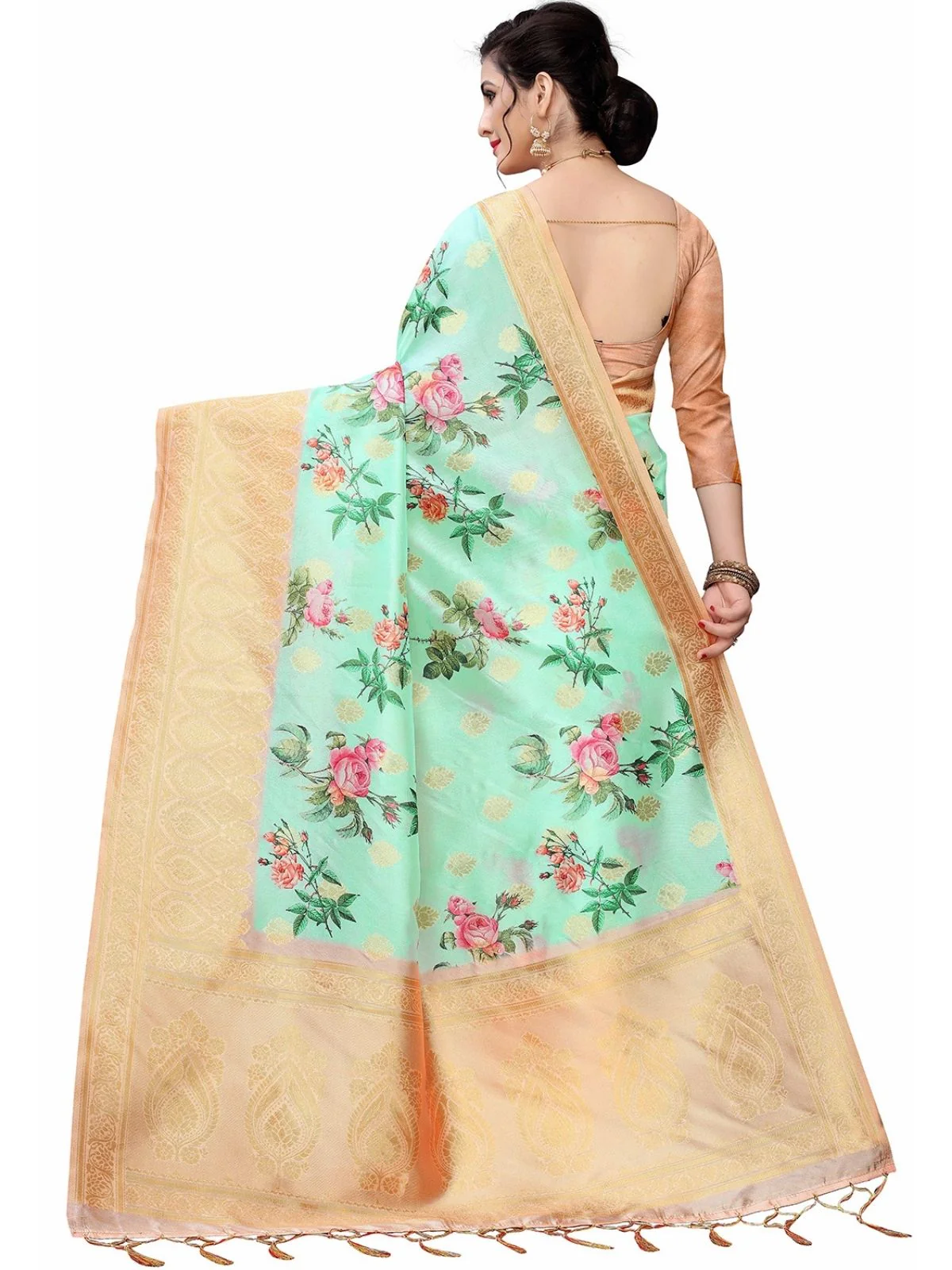 Odette Sea Green Silk Blend Floral Printed Saree For Women - Image 3