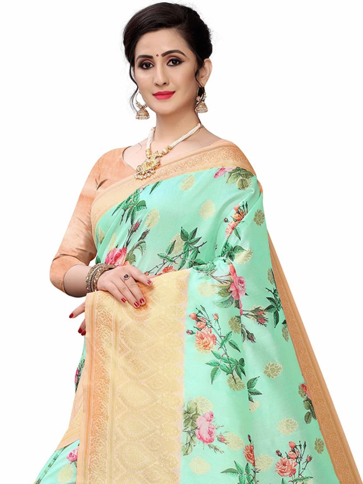 Odette Sea Green Silk Blend Floral Printed Saree For Women - Image 4