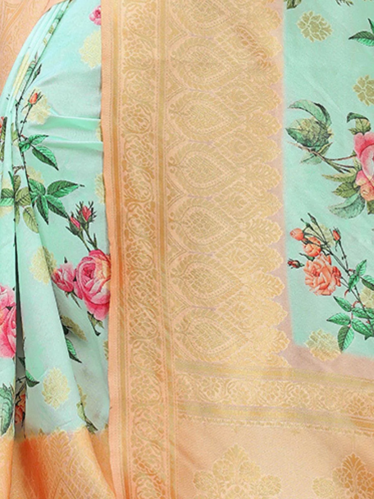 Odette Sea Green Silk Blend Floral Printed Saree For Women - Image 5