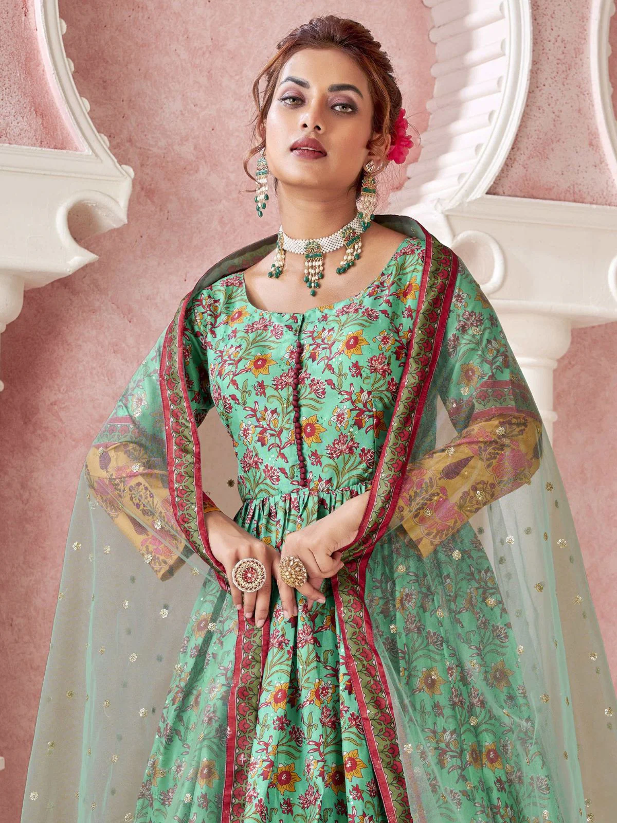 Odette Sea Green Silk Blend Printed Gown with Dupatta For Women - Image 3