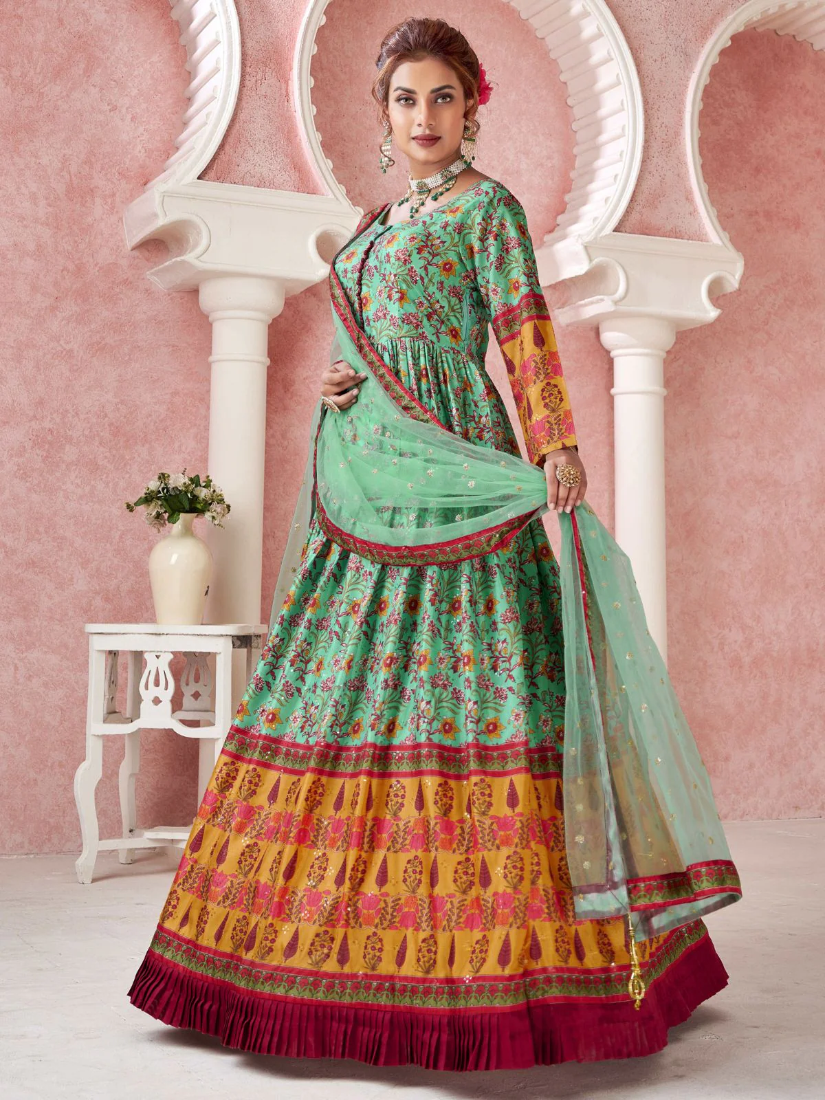 Odette Sea Green Silk Printed Stitched Gown For Women - Image 2