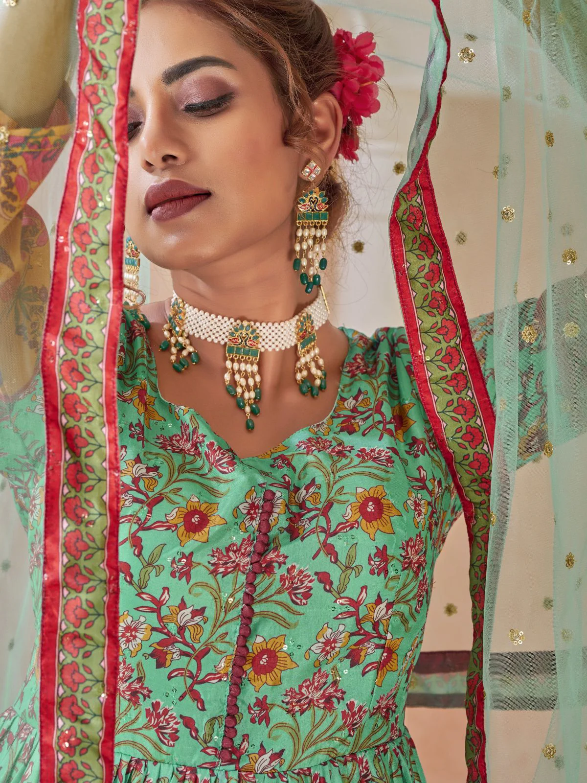 Odette Sea Green Silk Printed Stitched Gown For Women - Image 3
