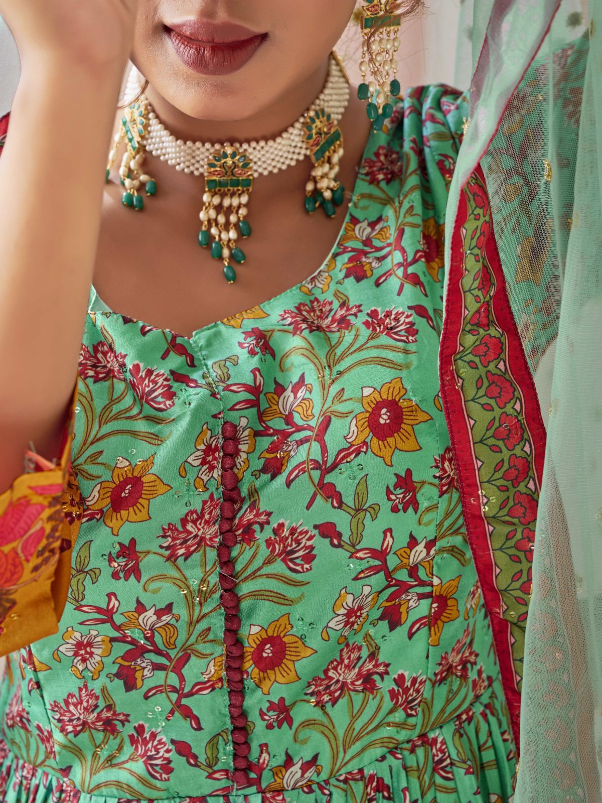 Odette Sea Green Silk Printed Stitched Gown For Women - Image 4