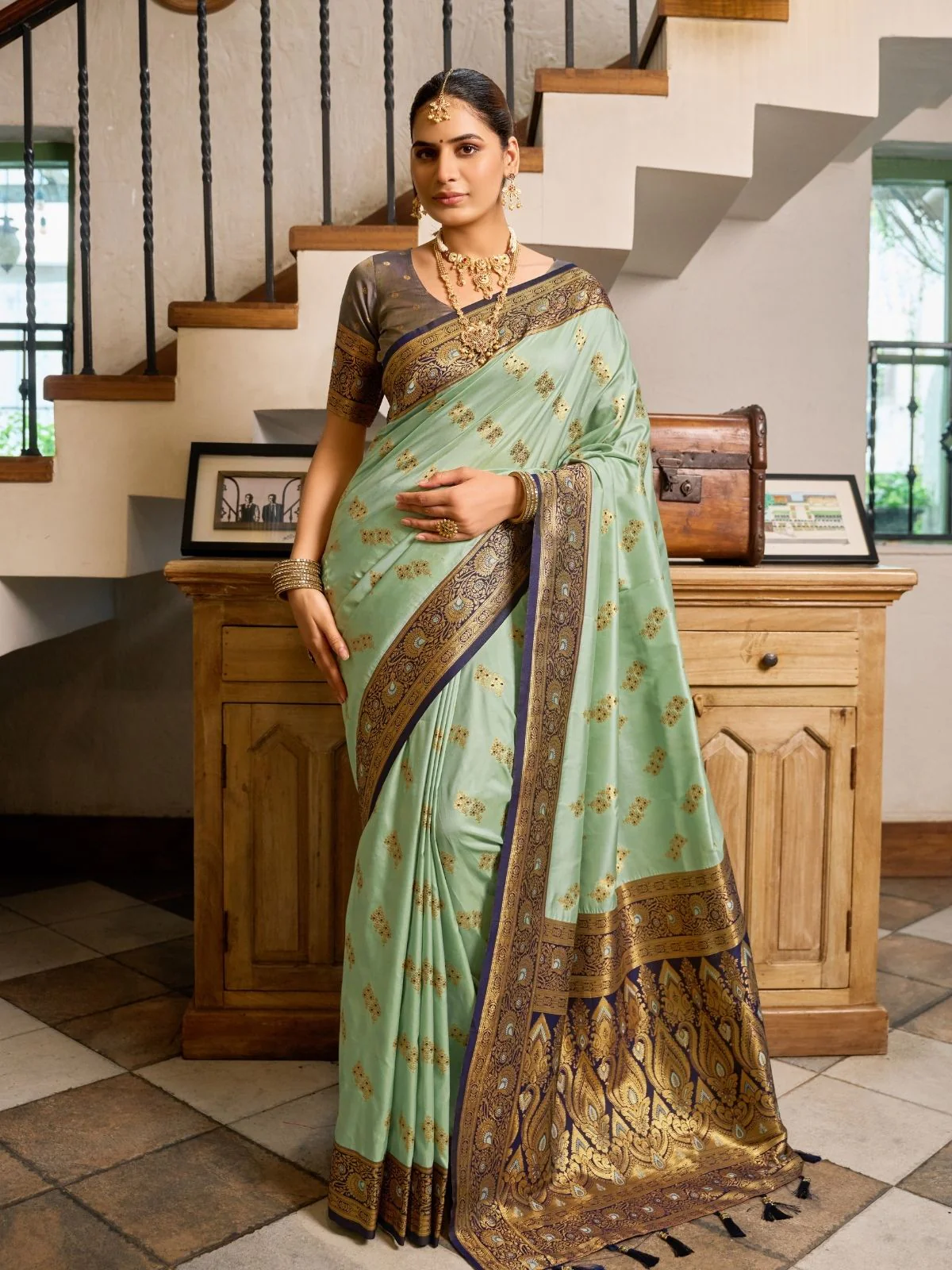 Odette Sea Green Silk Woven Saree For Women
