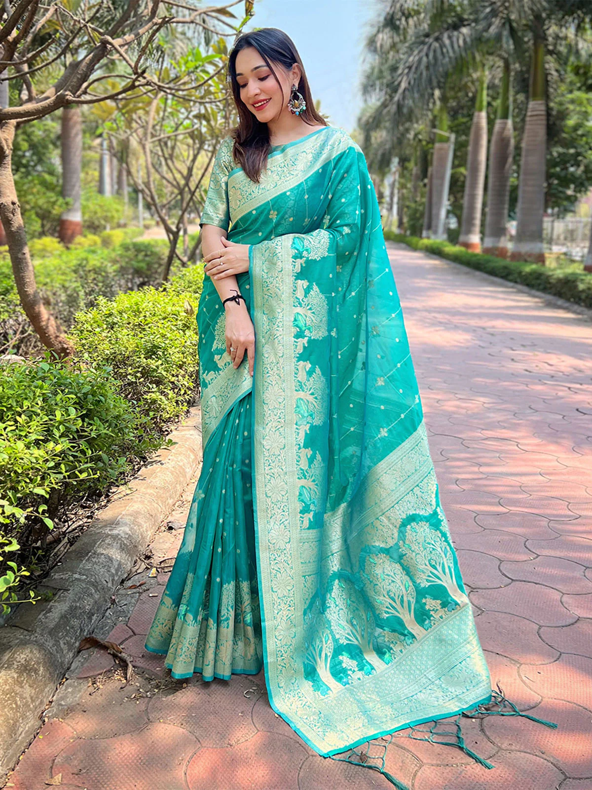 Odette Sea Green Woven Design Organza Saree With Unstitched Blouse For Women