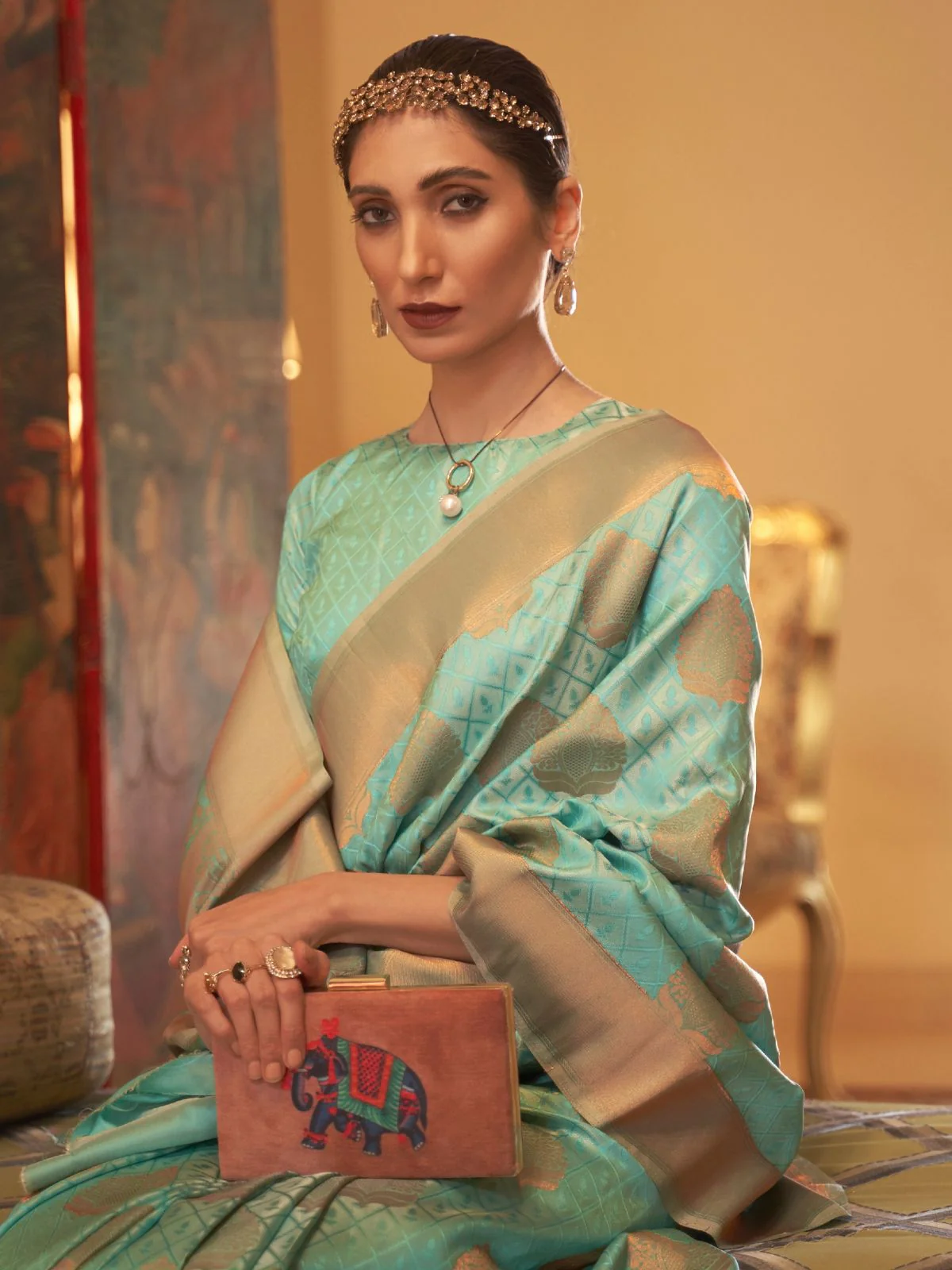 Odette Sea Green Woven Design Silk Blend Saree With Unstitched Blouse For Women - Image 2