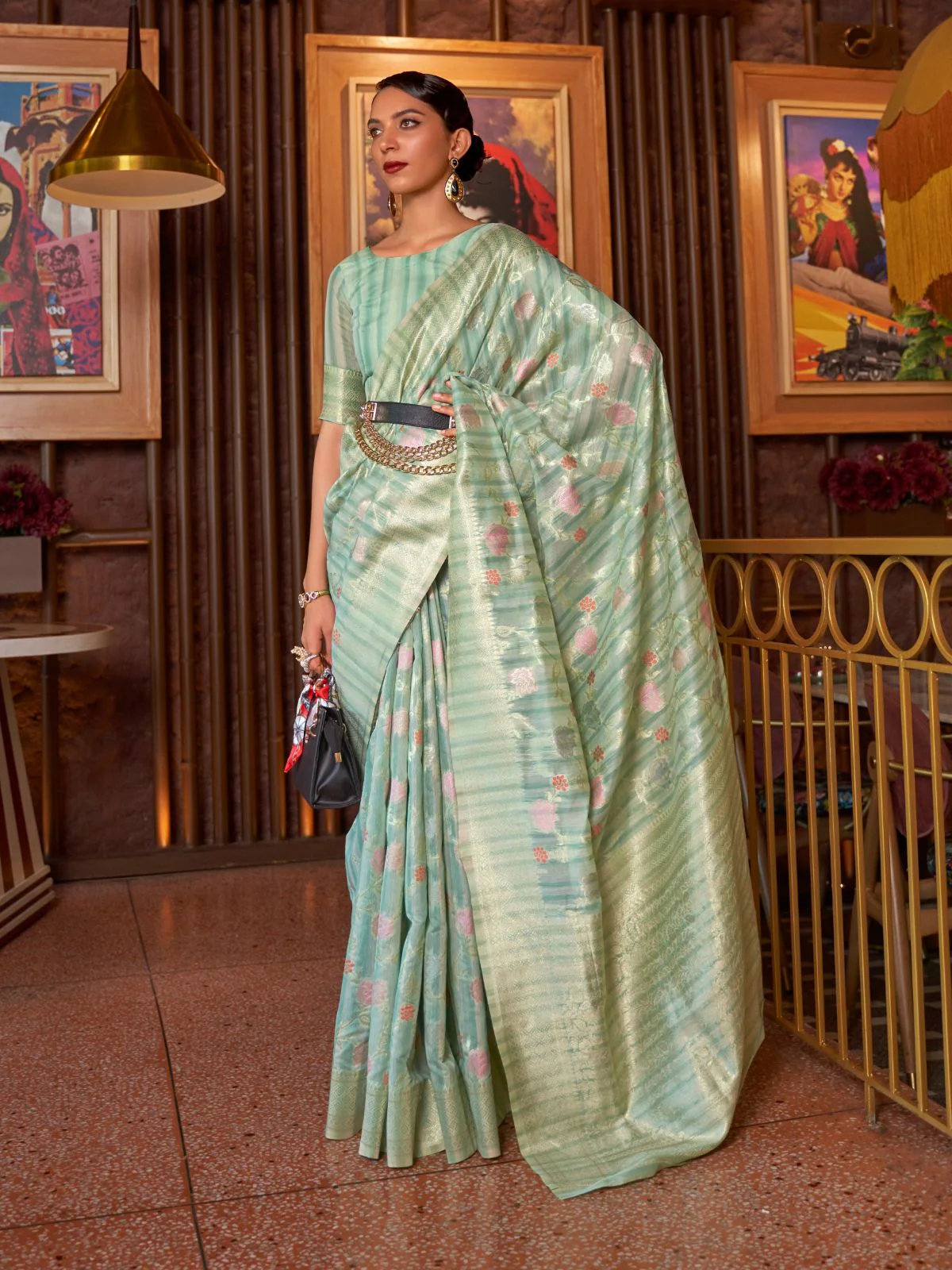 Odette Sea Green Woven Design Silk Blend Saree With Unstitched Blouse For Women