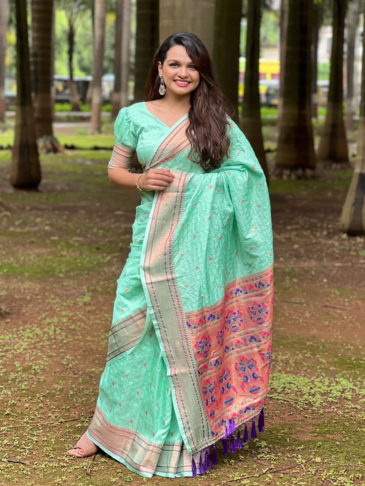 Odette Sea Green Woven Design Silk Blend Saree With Unstitched Blouse For Women