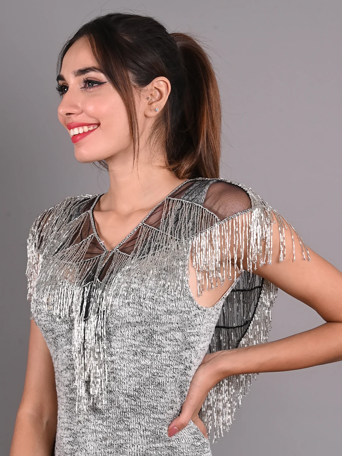 Odette Silver and Black Embellished Cape for Women - Image 3