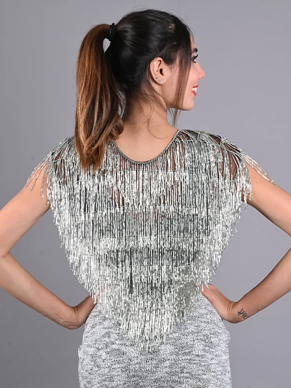 Odette Silver and Black Embellished Cape for Women - Image 4