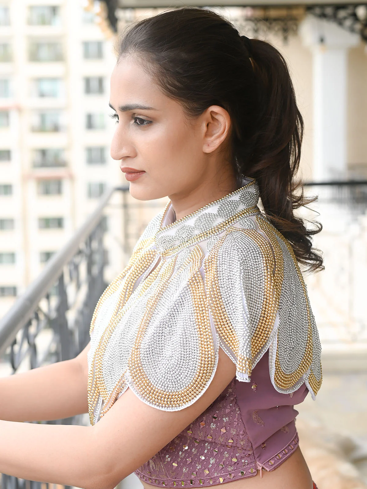 Odette Silver And Gold Embroidered Beads Cape For Women - Image 2