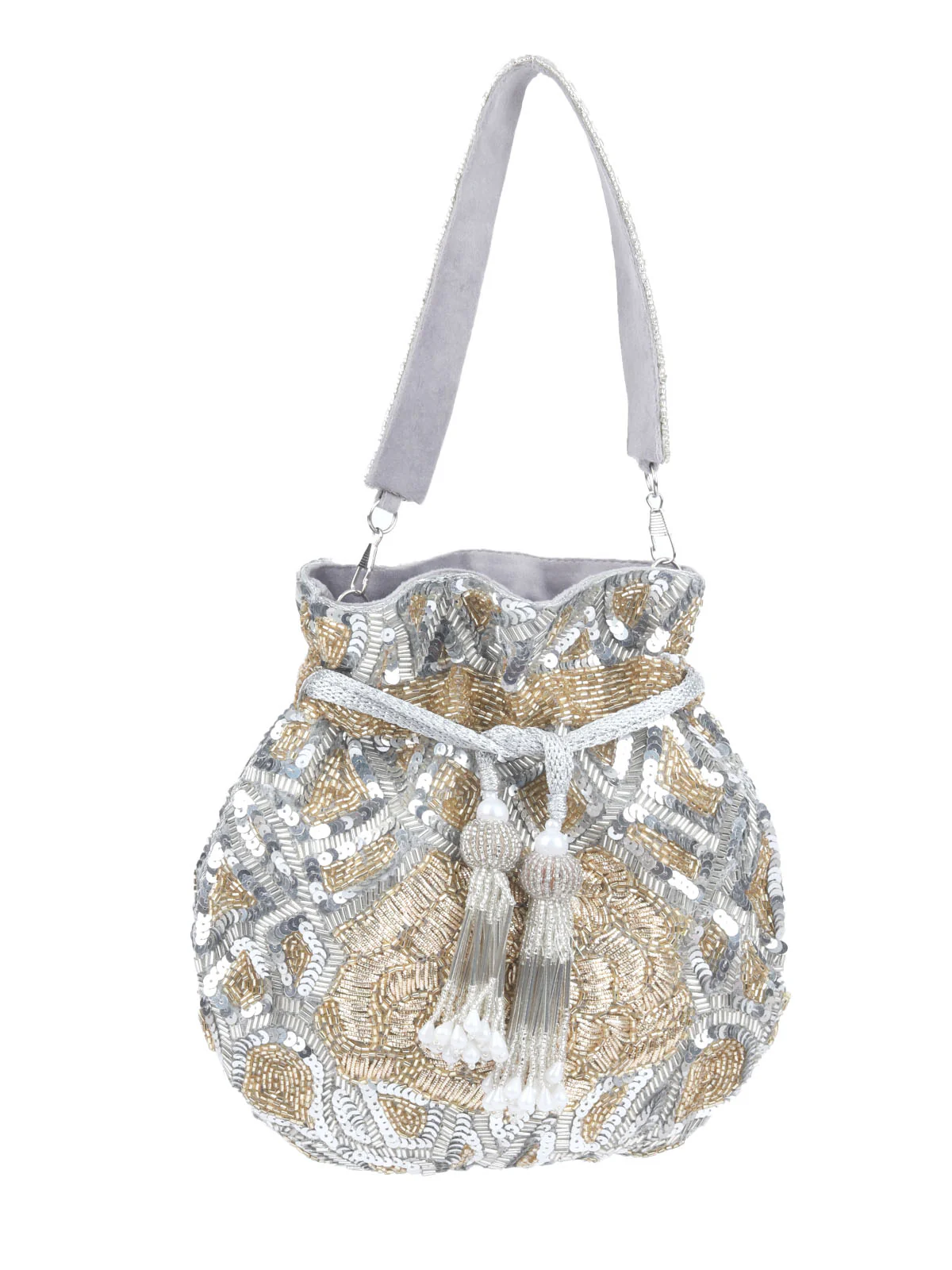Odette Silver And Gold Velvet Embellished Potli For Women - Image 3