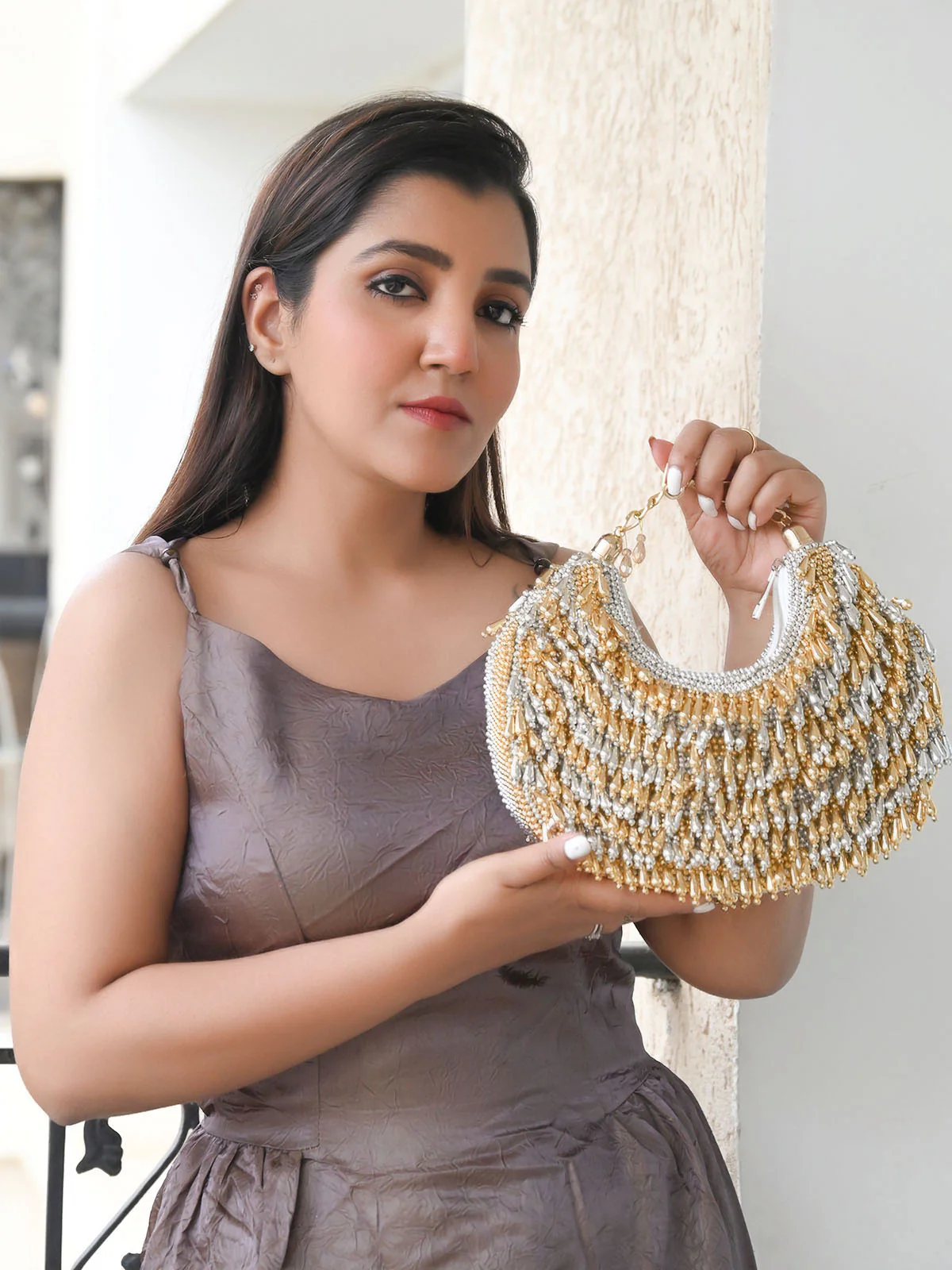 Odette Silver And Golden Suede With Beads And Tassels Hand Bag For Women