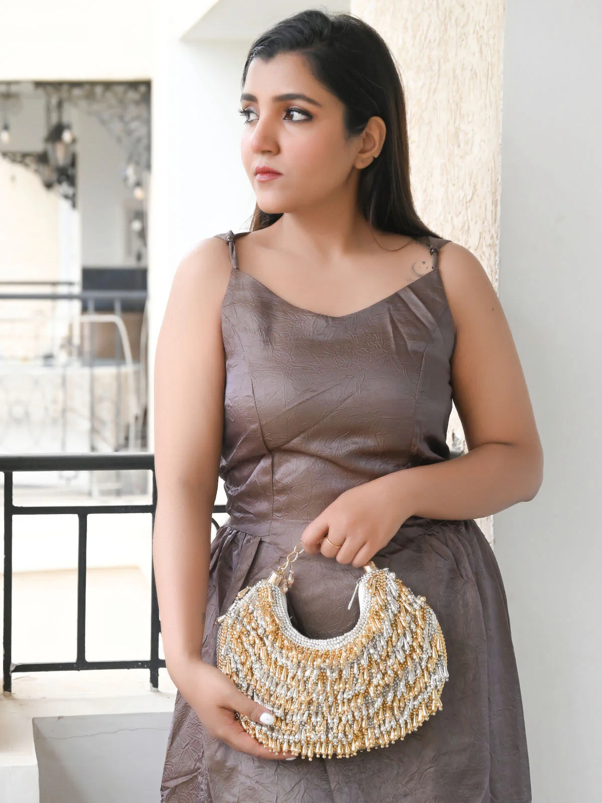 Odette Silver And Golden Suede With Beads And Tassels Hand Bag For Women - Image 2