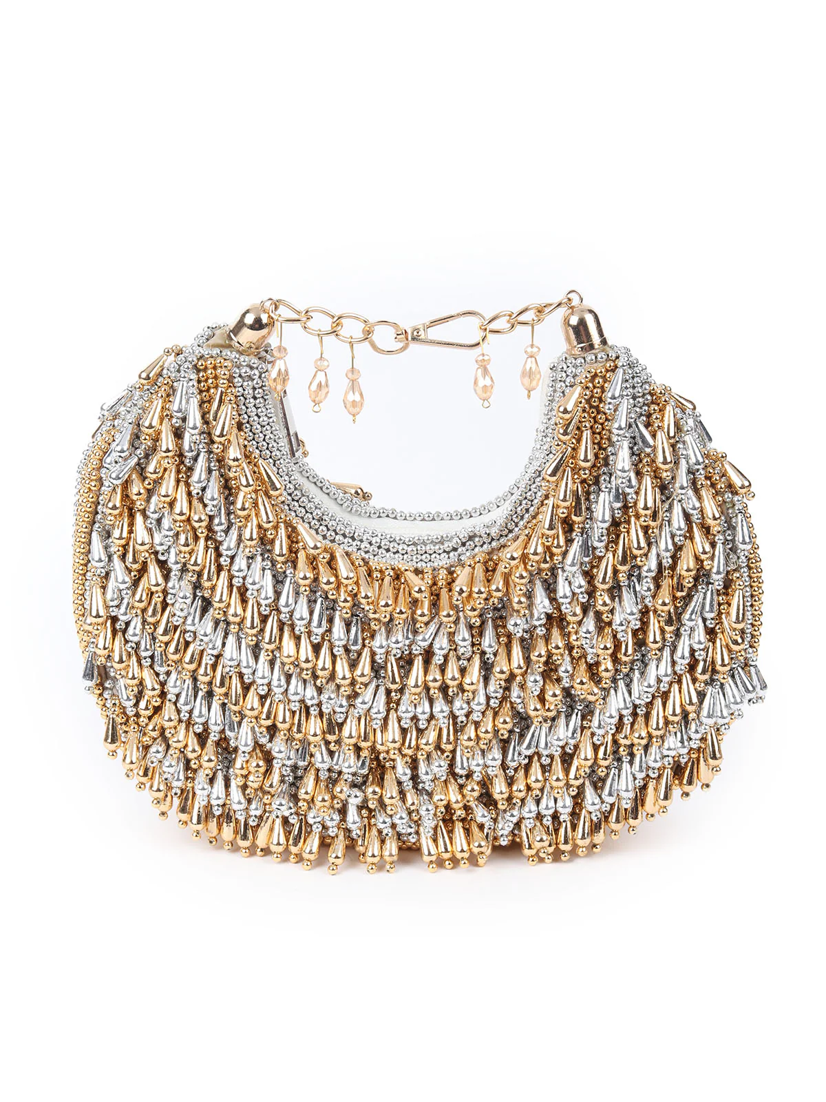Odette Silver And Golden Suede With Beads And Tassels Hand Bag For Women - Image 3