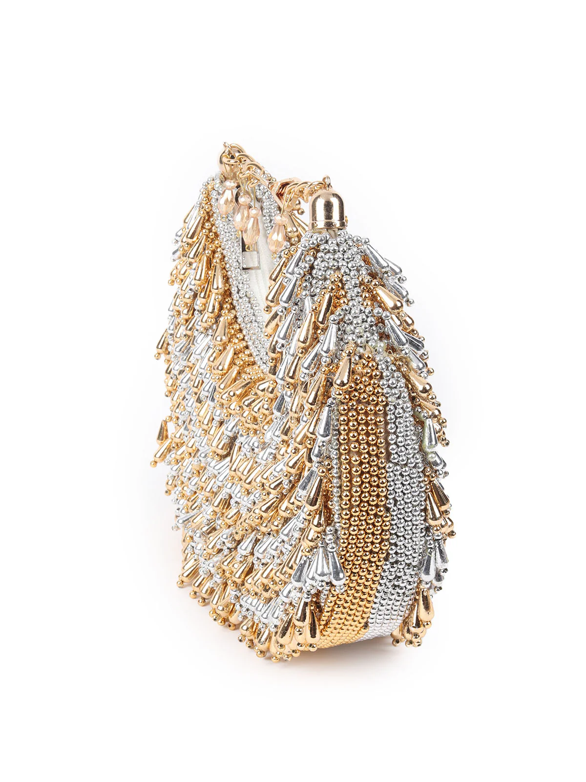 Odette Silver And Golden Suede With Beads And Tassels Hand Bag For Women - Image 4