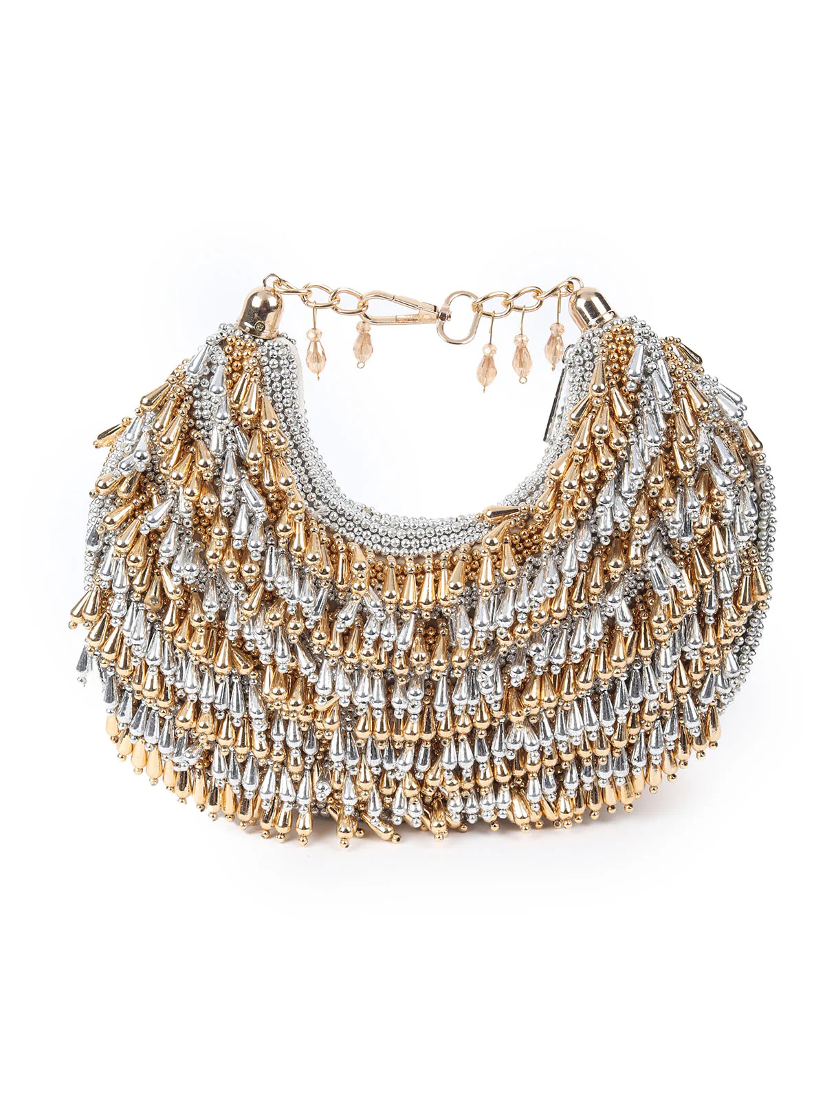 Odette Silver And Golden Suede With Beads And Tassels Hand Bag For Women - Image 5